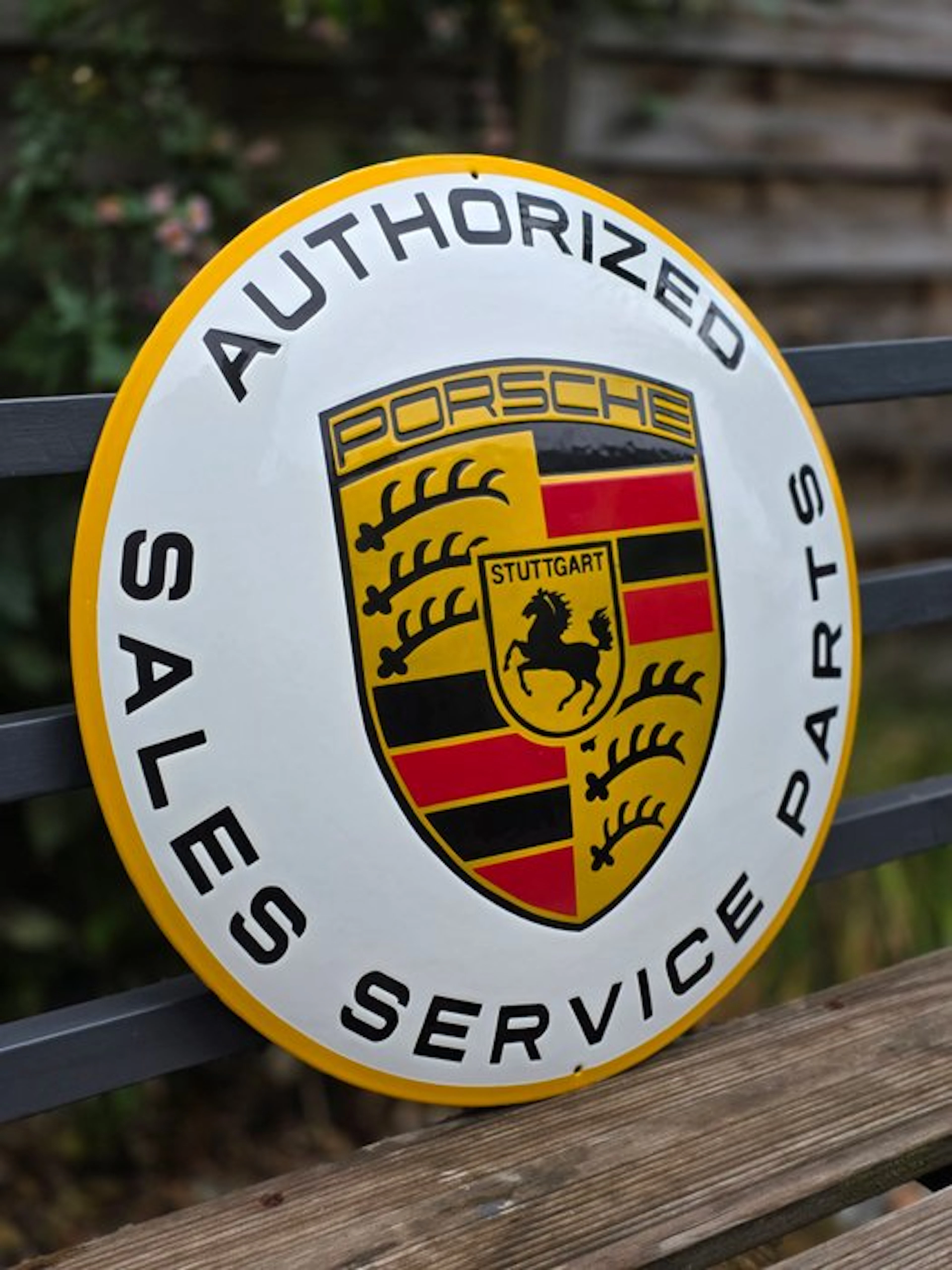 PORSCHE ENAMEL SIGN – AUTHORIZED SALES, SERVICE, PARTS - Enamel sign - Enamel