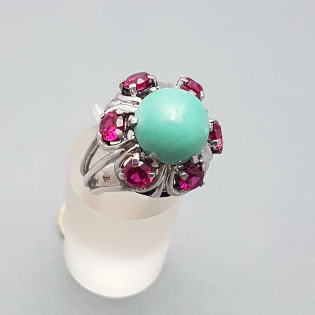 Silver, Large Art Deco, Ruby (Tested) + Amazonite - Ring - 'Statement' ring.