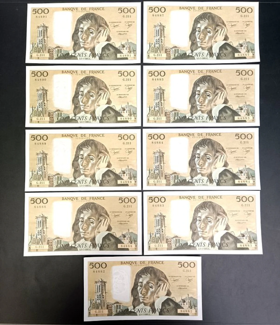 France. - 9 x 500 Francs - 1984 - Consecutive - Fayette 71-31 (No