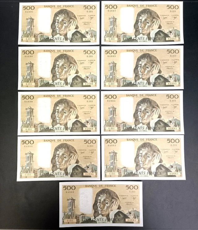 France. - 9 x 500 Francs - 1984 - Consecutive - Fayette 71-31 (No