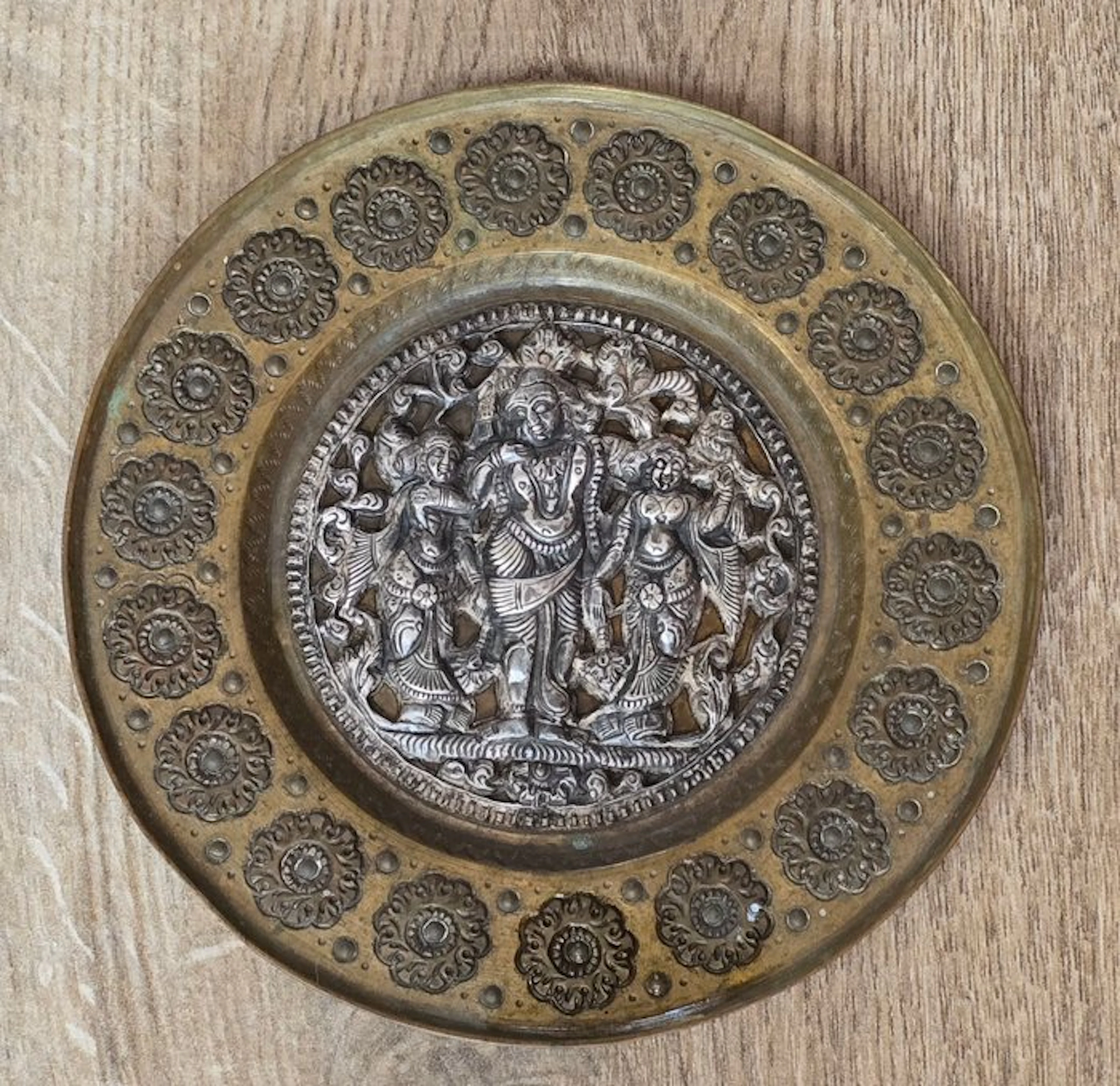 Fine repousee plate with religious figures in silver in...