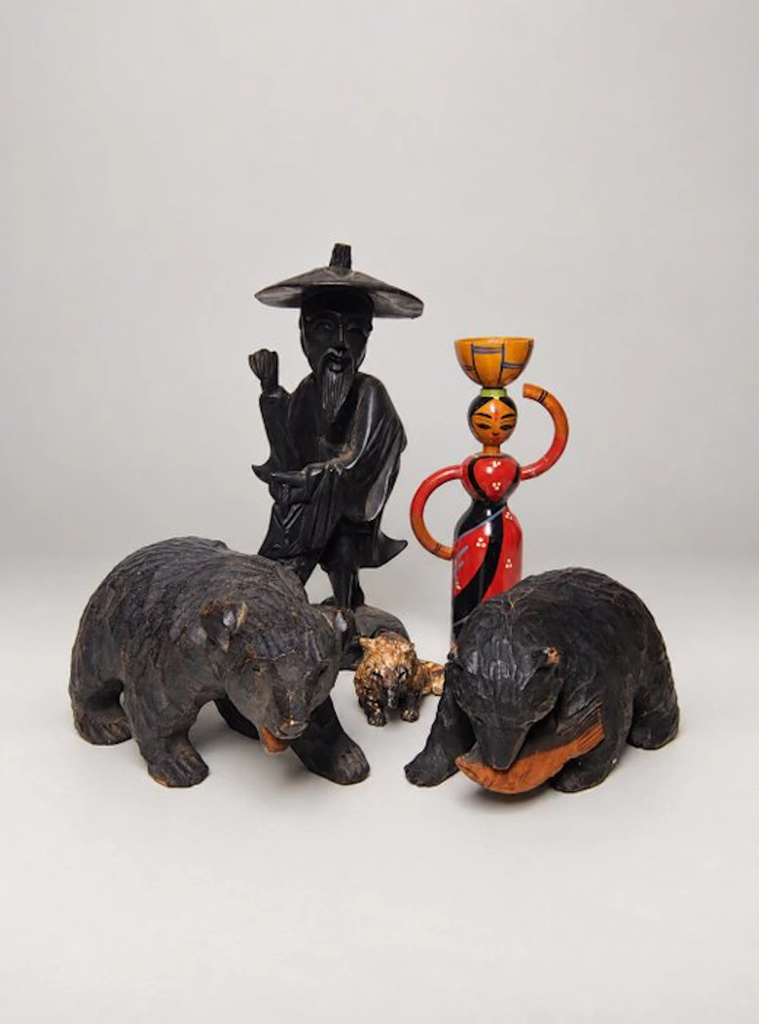 Lotto di 5 Sculture Folk Giapponesi Vintage – 2 Orsi...