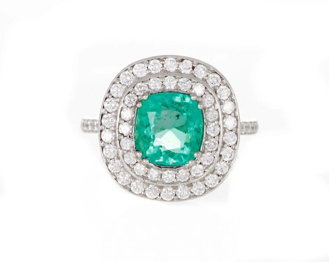 Ring - 18 kt. White gold - 1.96ct. tw. Emerald - Diamond