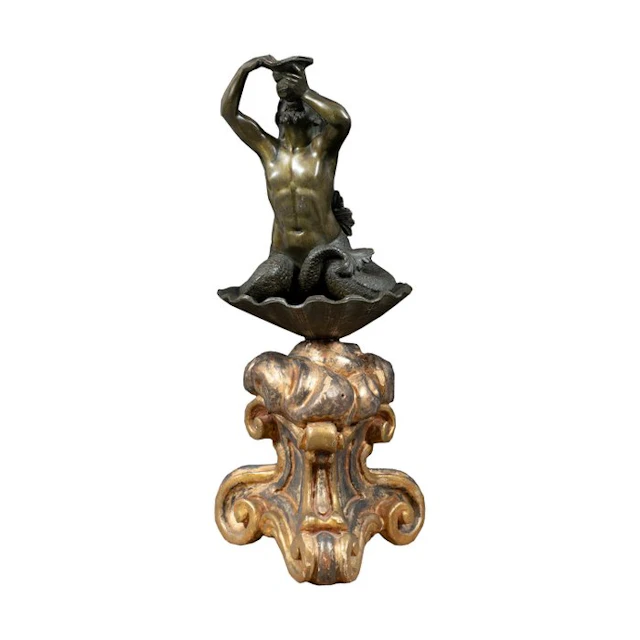 Sculpture, Triton blowing a conch shell - 51 cm - Bronze, Wood