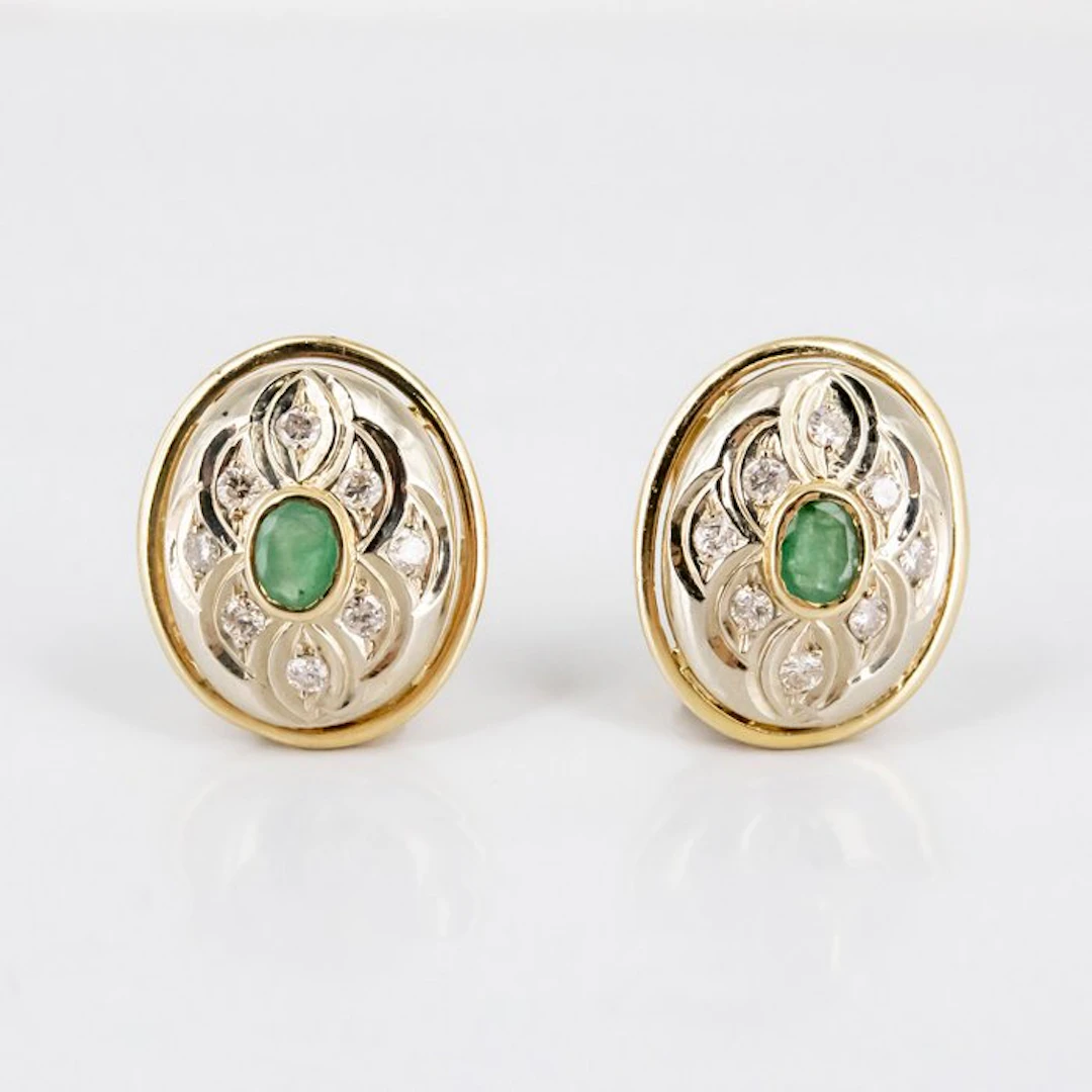 Earrings - 18 kt. Yellow gold, White gold - 1.20ct. tw. Emerald - Diamond