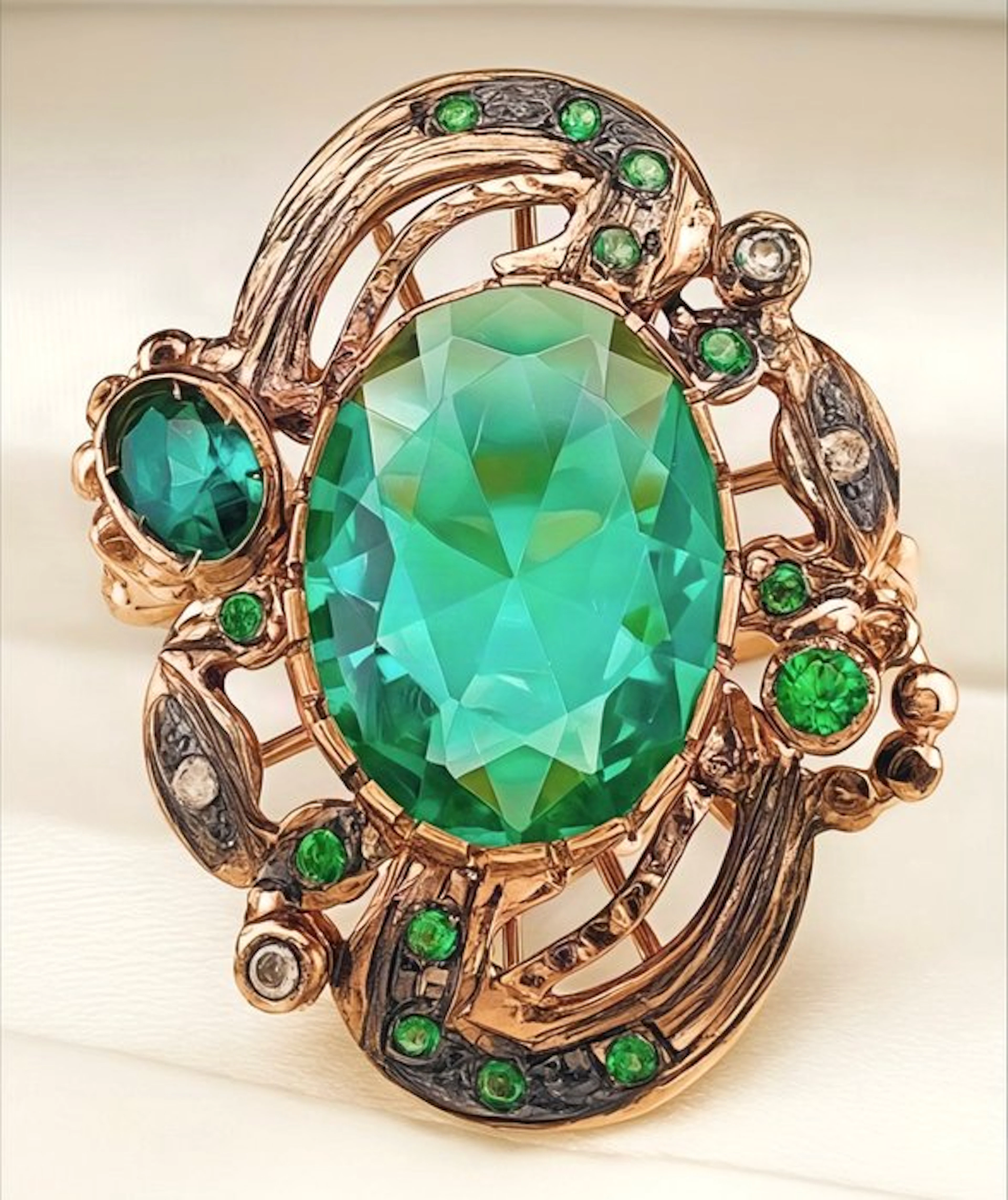 No reserve price - Ring - 9 kt. Rose gold, Silver Emerald - Diamond