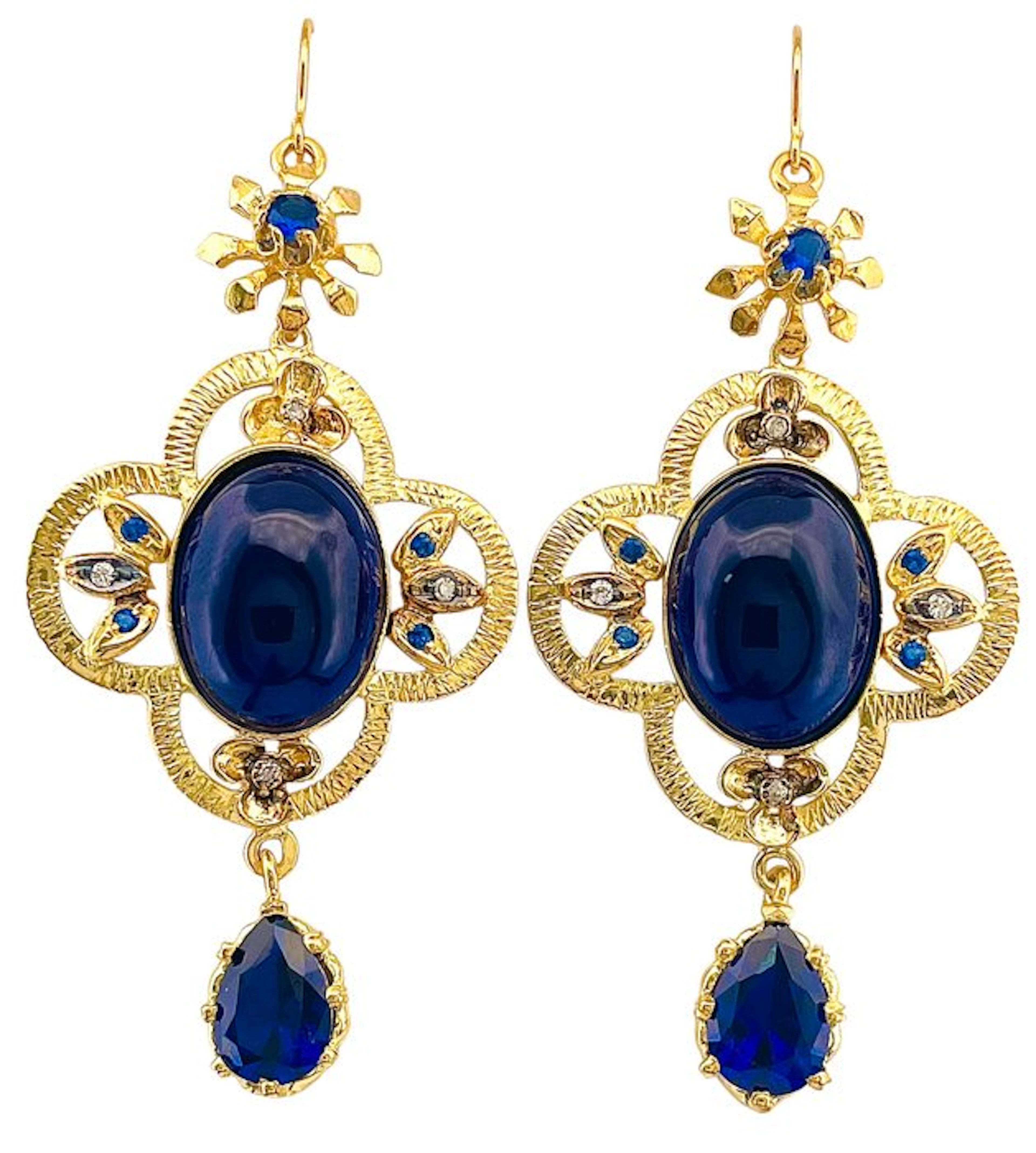 No reserve price - Earrings - 9 kt. Yellow gold, Silver Sapphire - Diamond