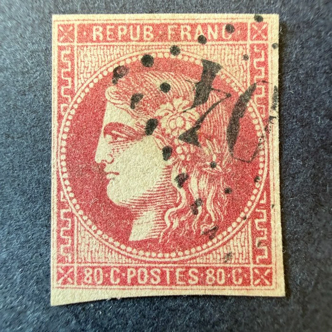 France - Yvert 49 'Bordeaux 80c rose' canceled. Very Fine.