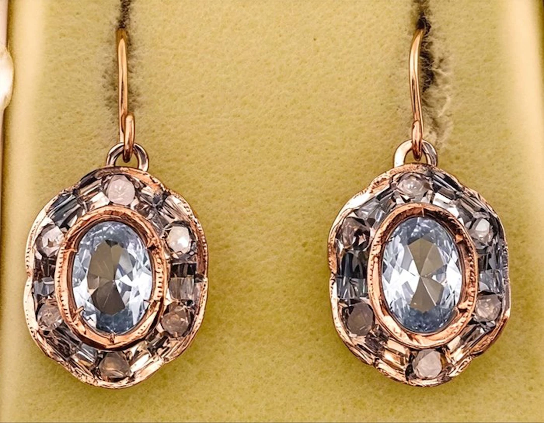 No reserve price - Earrings - 9 kt. Rose gold, Silver Aquamarine - Diamond