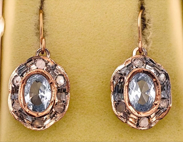 No reserve price - Earrings - 9 kt. Rose gold, Silver Aquamarine - Diamond