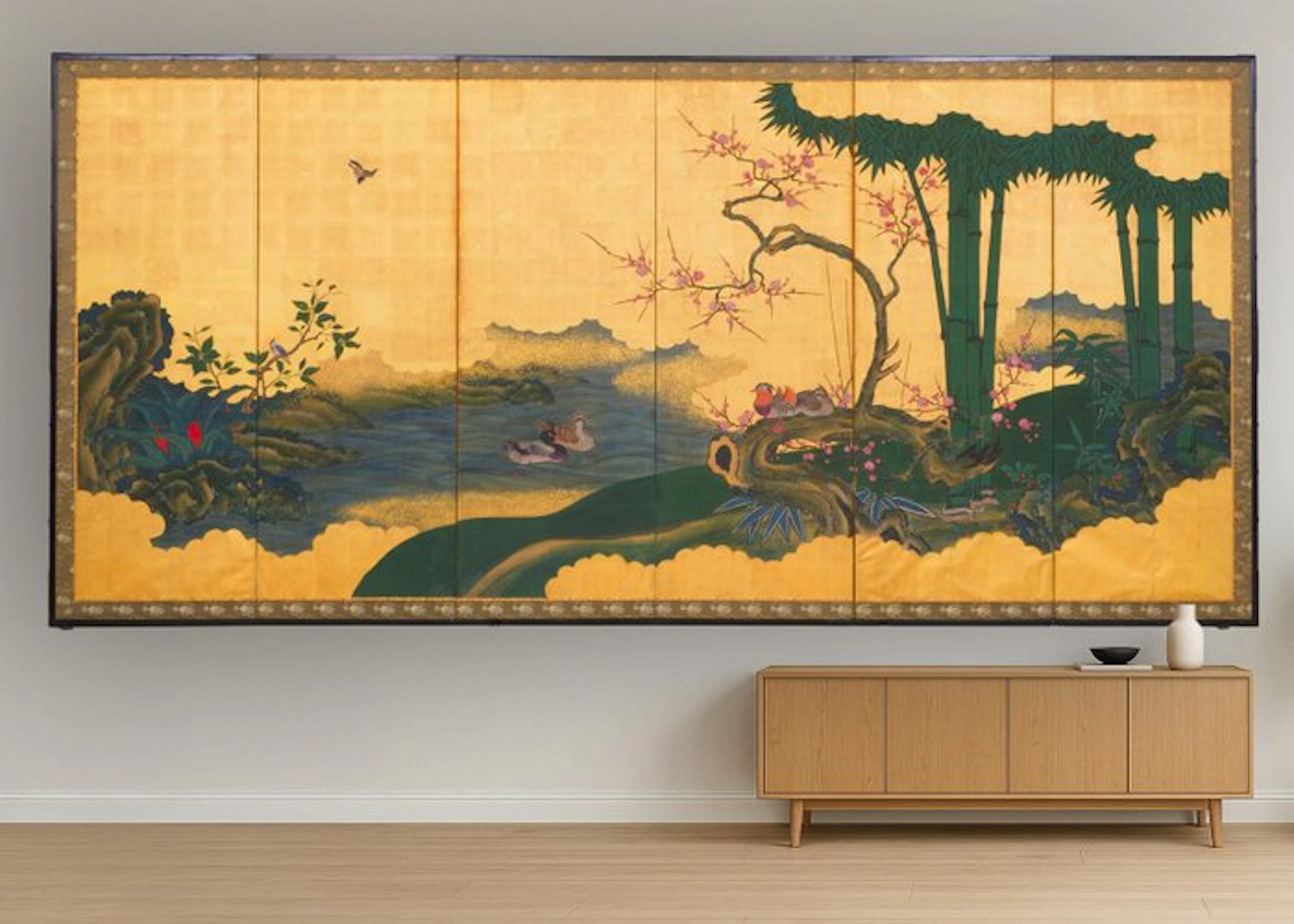 Folding screen with idyllic landscape - Lacquered wood