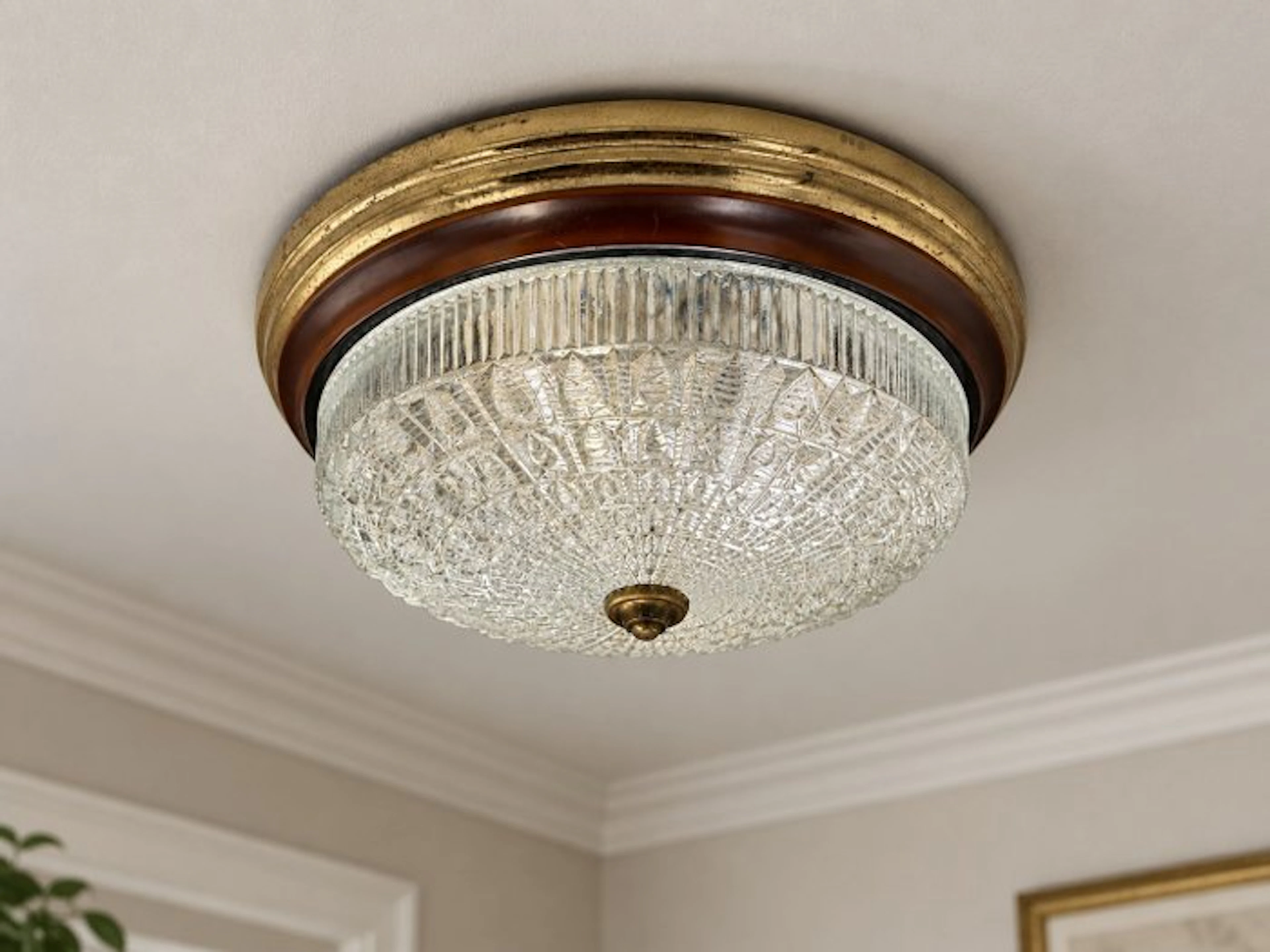 Geoluz grote vintage plafonnière – zwaar reliëfglas –...