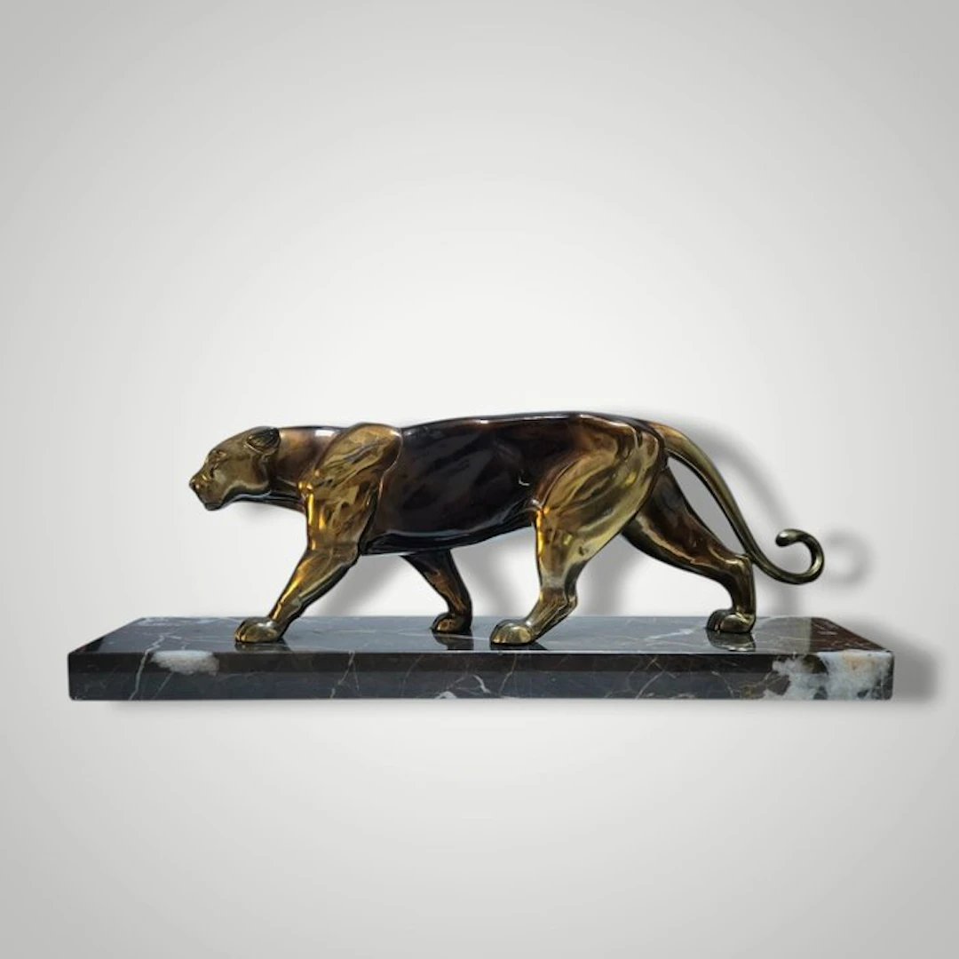 Alexandre Ouline - Sculpture, Panthère - 50 cm - Metal, marble - 1930