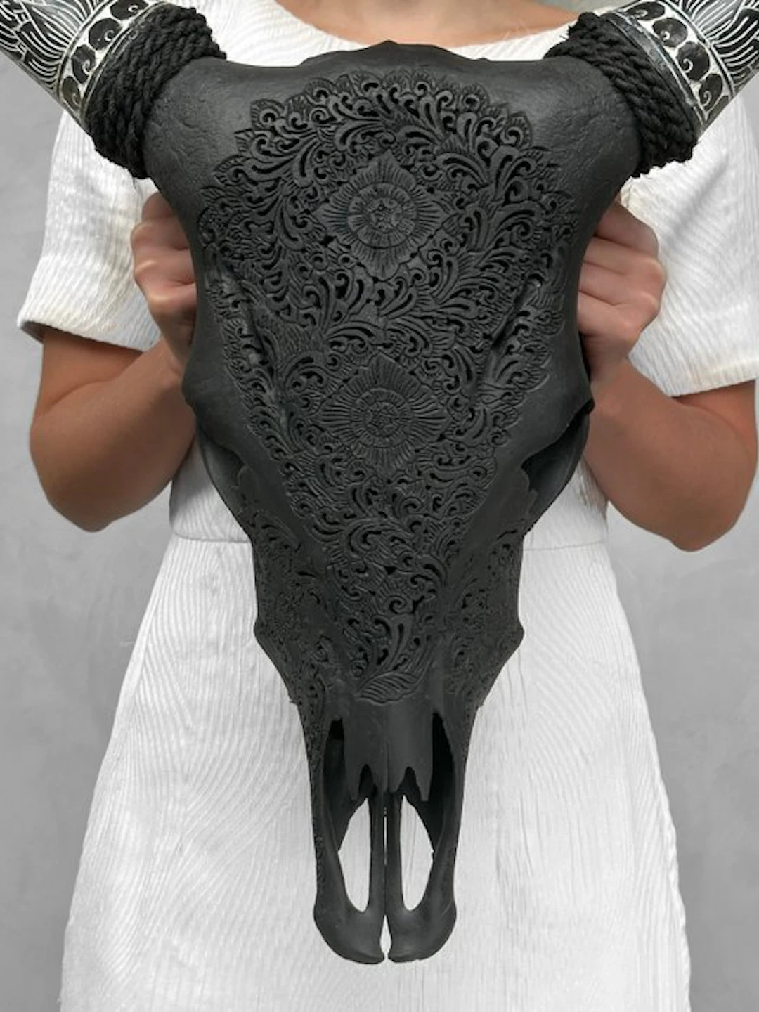 NO RESERVE PRICE - Carved Black Cow Skull with Bohemian...