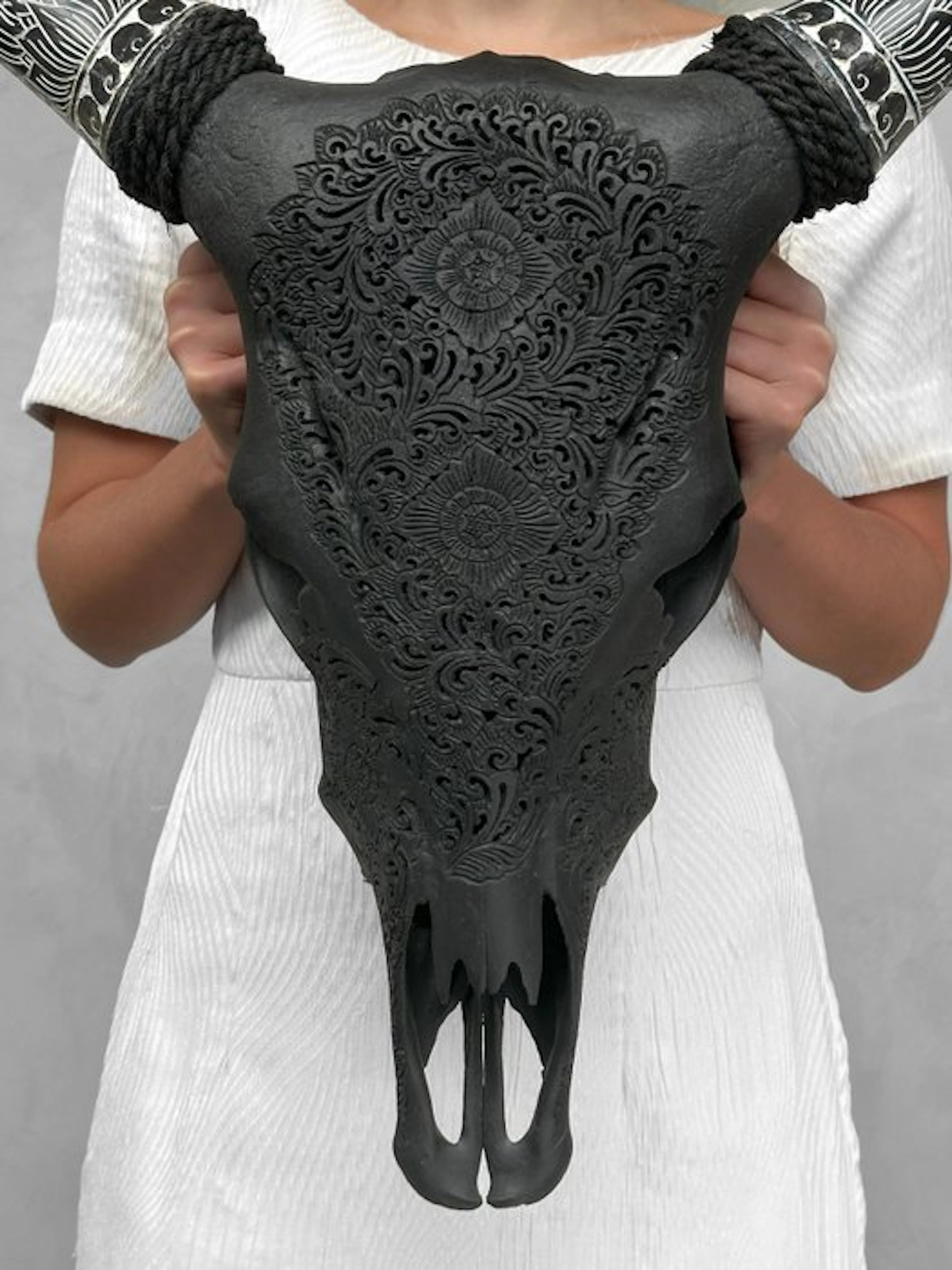 NO RESERVE PRICE - Carved Black Cow Skull with Bohemian...