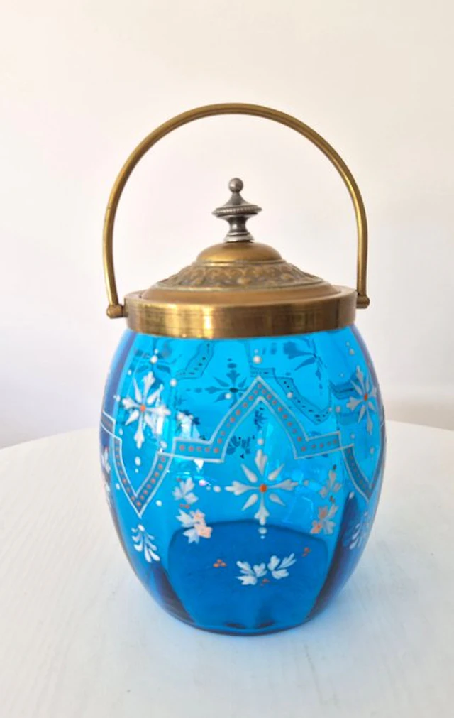 Pot - Antique Victorian Blue Glass Biscuit Barrel with...