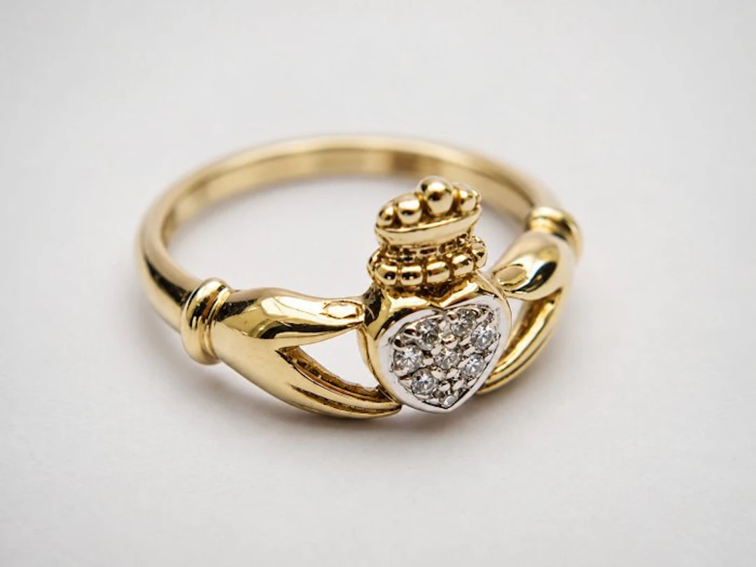 Ring - 9 kt. Yellow gold, White gold Diamond (Natural) - Vintage Claddagh