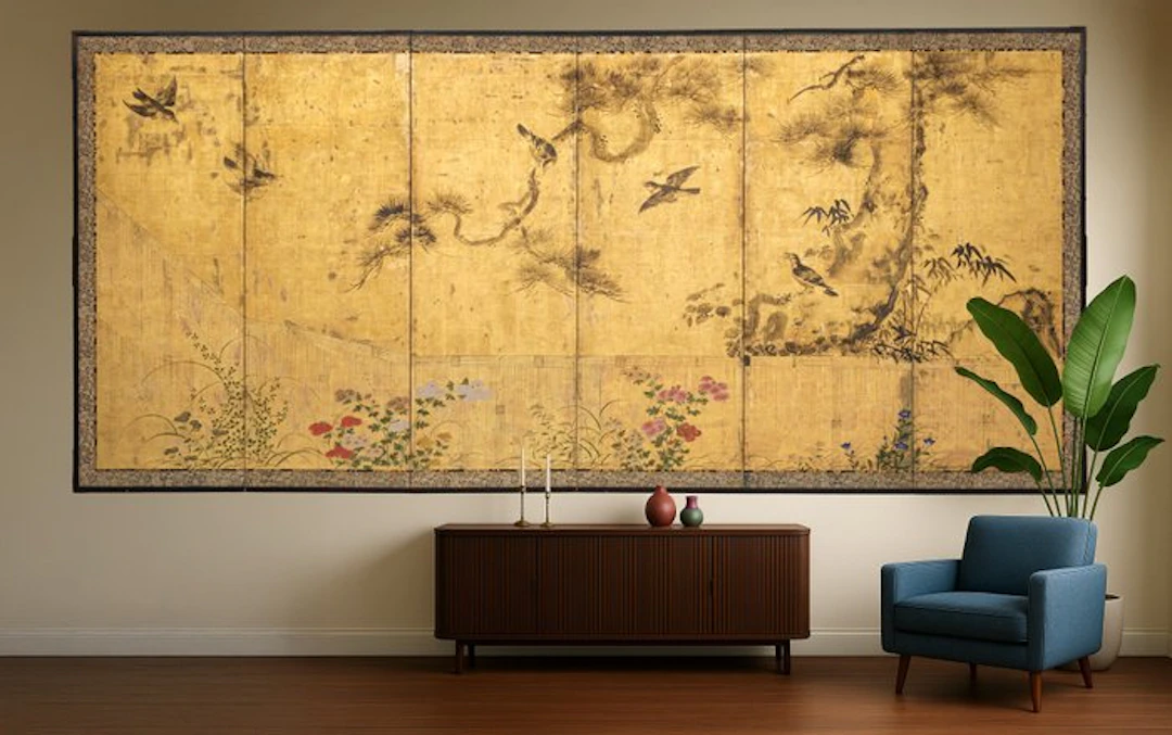 Folding screen with birds & autumn foliage - Lacquered wood