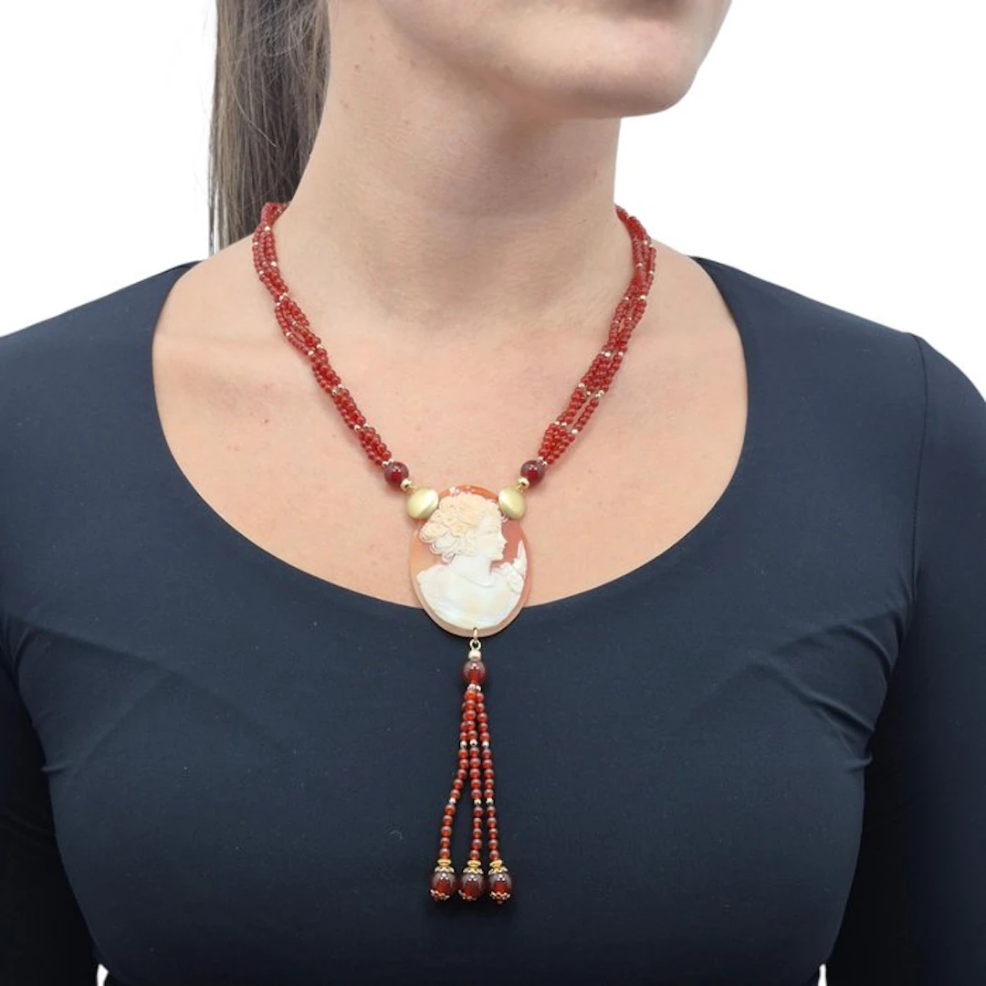 Silver, Gold-plated - Necklace - Red agate and cameo