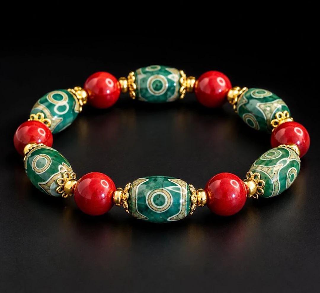 Rare Dzi Agate Bracelet - 9-Eye and Cinnabar – Tibetan...