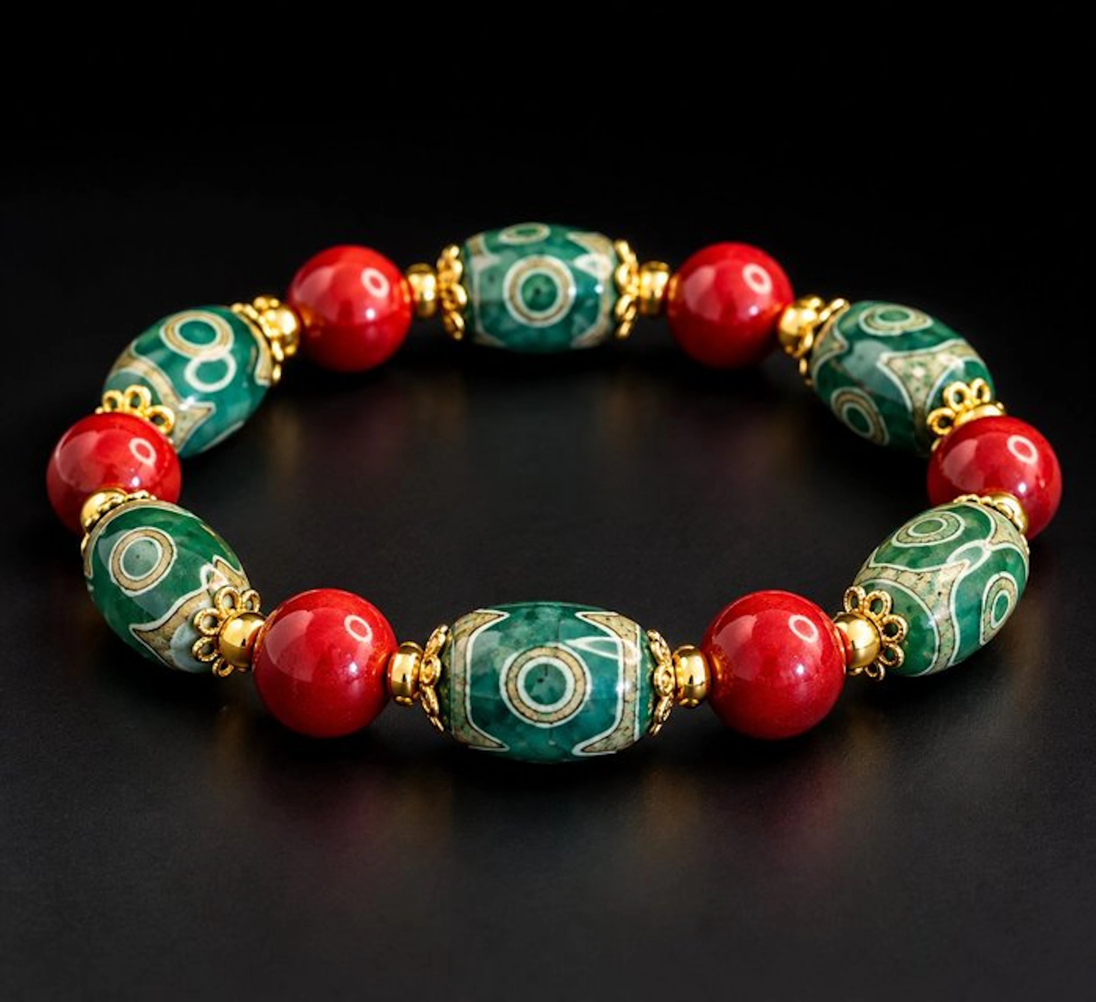 Rare Dzi Agate Bracelet - 9-Eye and Cinnabar – Tibetan...
