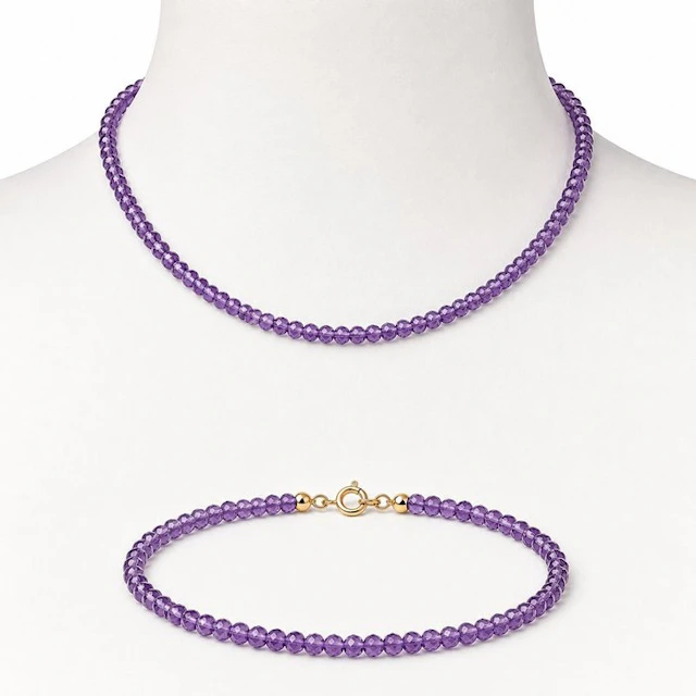 No reserve price - 2 piece jewellery set - 18 kt. Yellow gold Amethyst