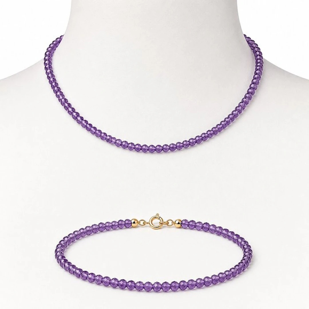 No reserve price - 2 piece jewellery set - 18 kt. Yellow gold Amethyst