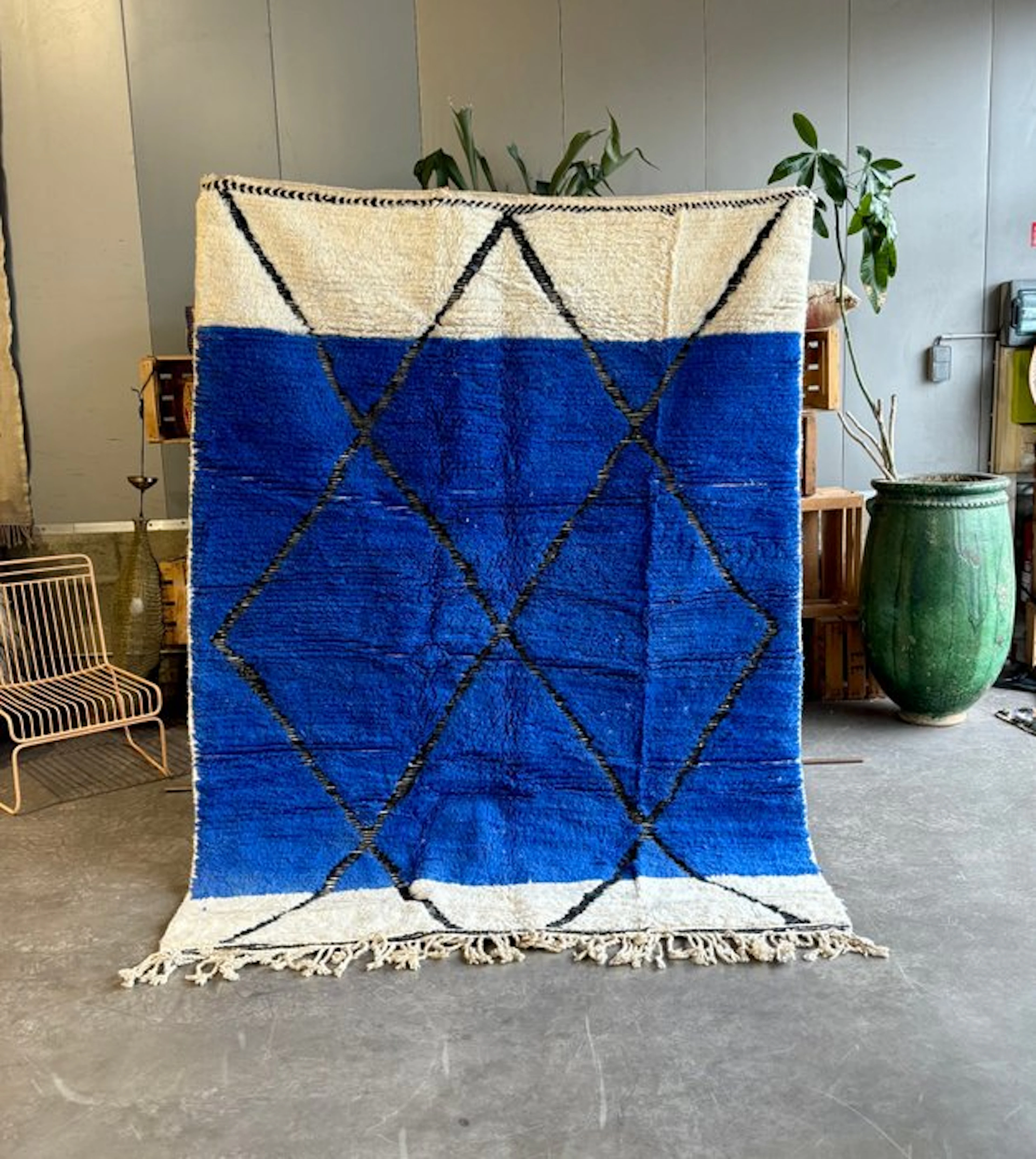 Modern Moroccan Beni Ouarain Rug – Blue & Ivory Geometric...