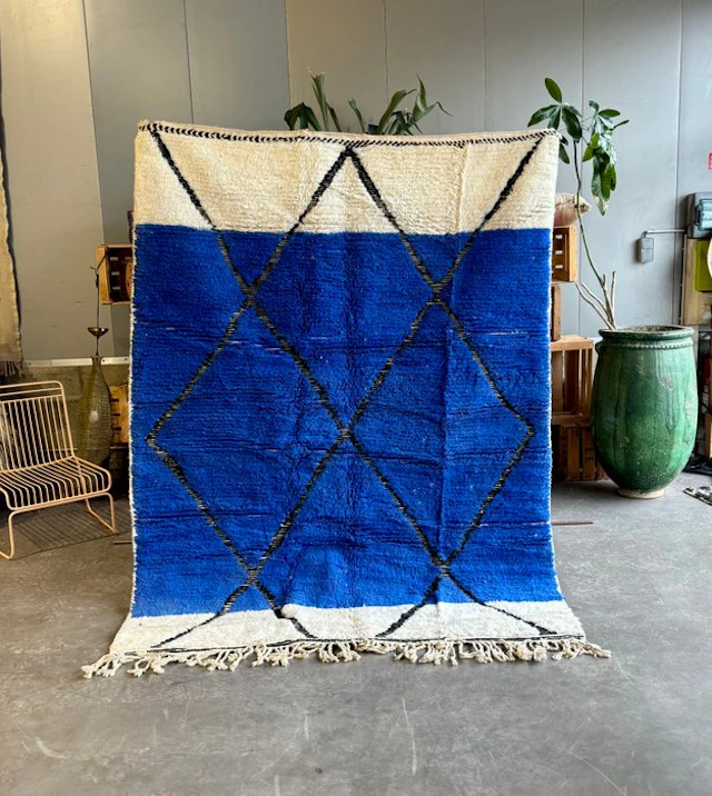 Modern Moroccan Beni Ouarain Rug – Blue & Ivory Geometric...