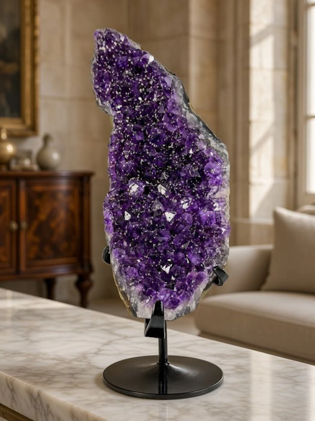 Rare quality amethyst with sugar crystals on stand...