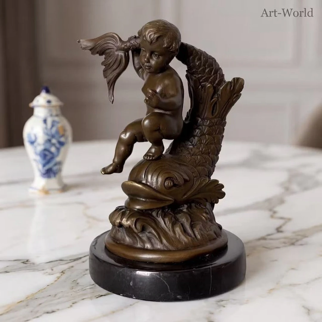 Statue, Putto op vis - 16 cm - Bronze