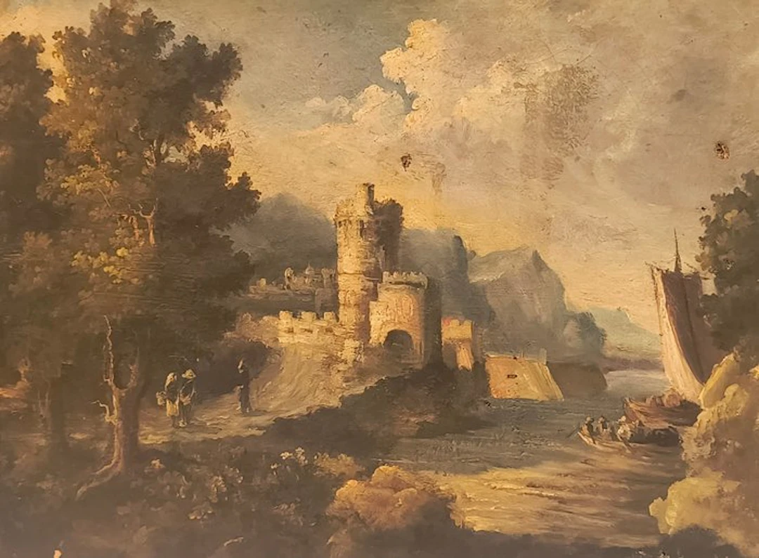 Italian school (XVIII) - Paesaggio lacustre con castello costiero