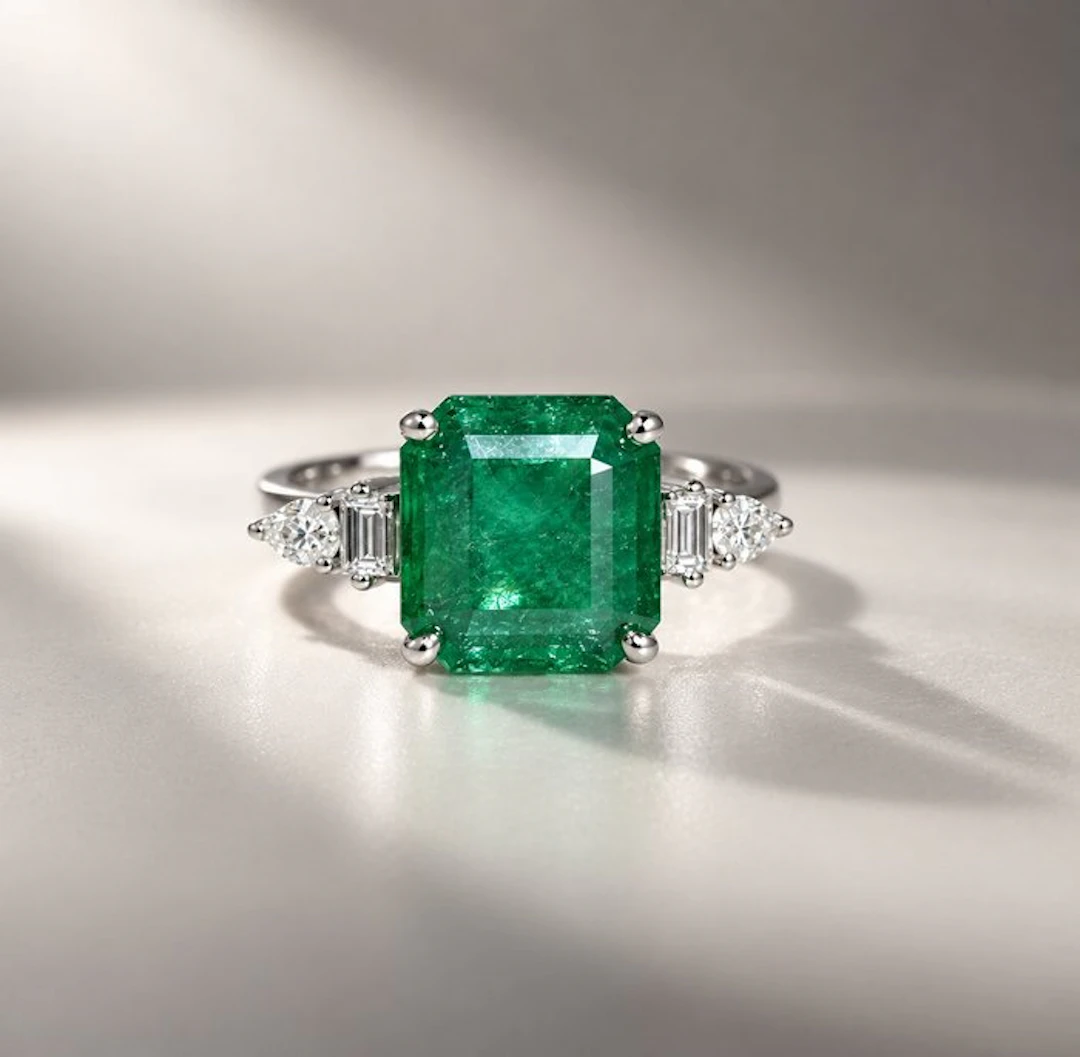 Ring - 18 kt. White gold - 3.76ct. tw. Emerald - Diamond - Green