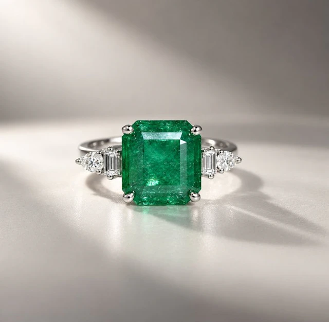 Ring - 18 kt. White gold - 3.76ct. tw. Emerald - Diamond - Green