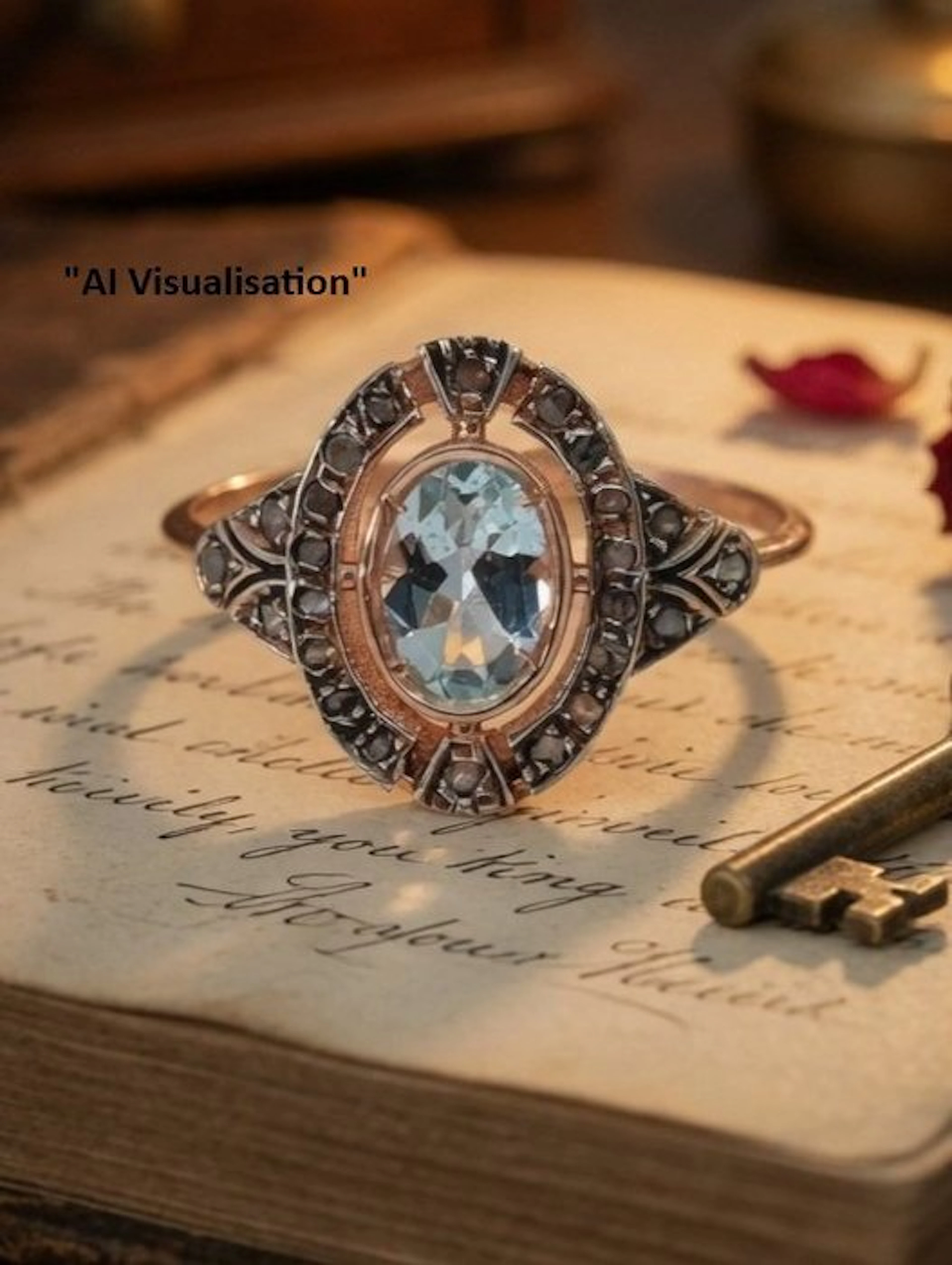 No reserve price - Ring - 9 kt. Silver, Rose gold Aquamarine - Diamond