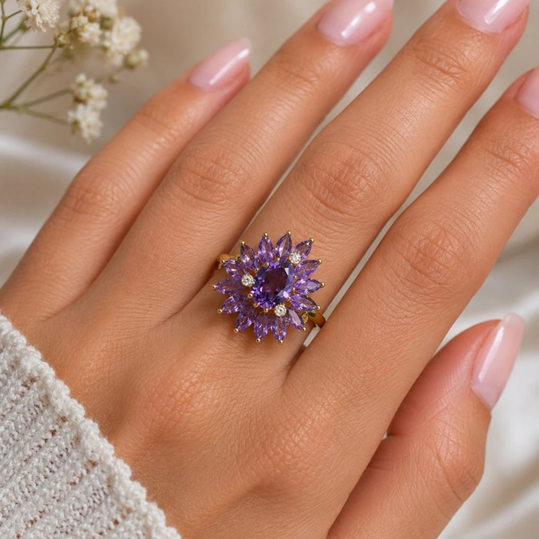 No reserve price - Ring Gold-plated Amethyst - Diamond - 18K Gold Plated