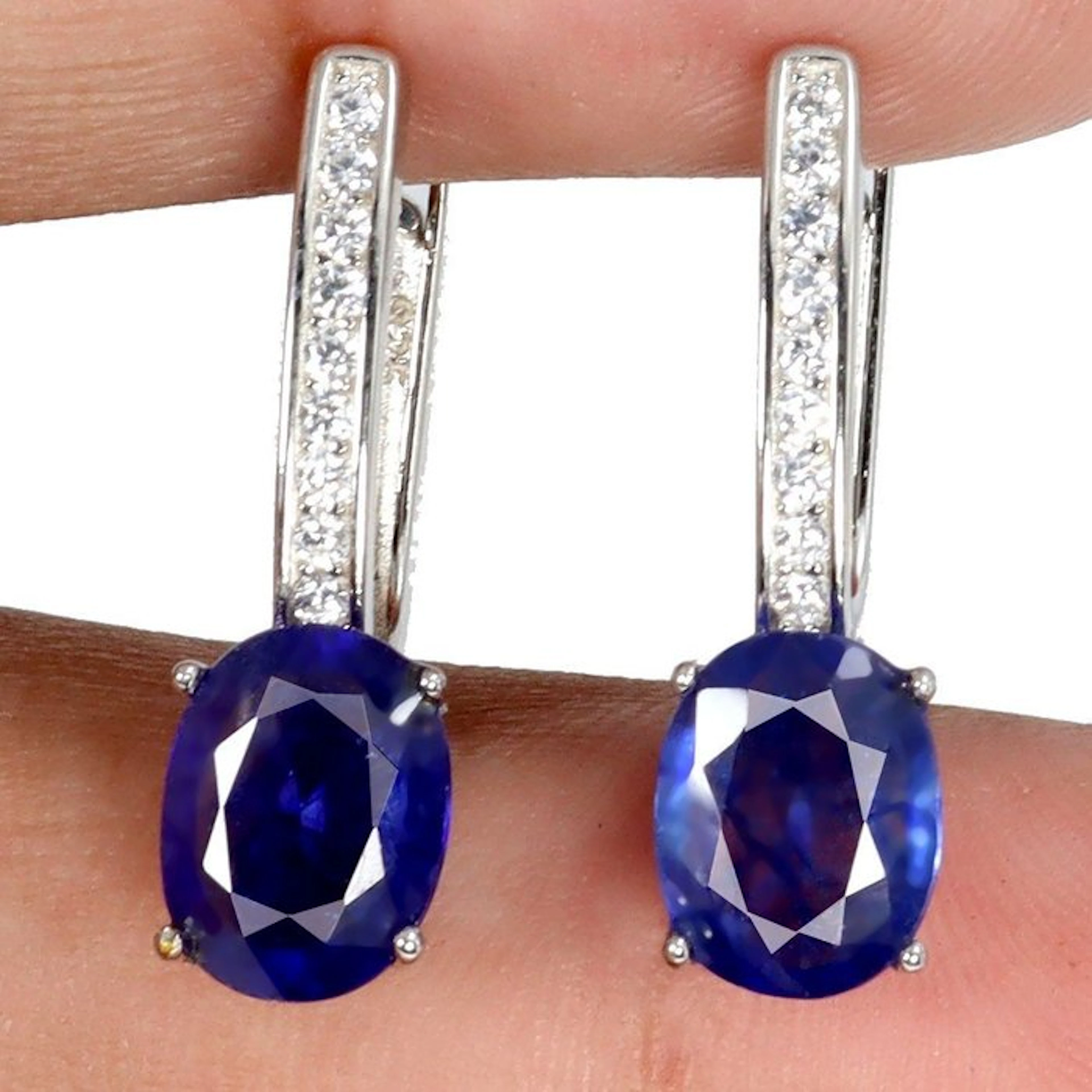 No reserve price - Earrings 14K White Gold plated, 925 Silver Sapphire