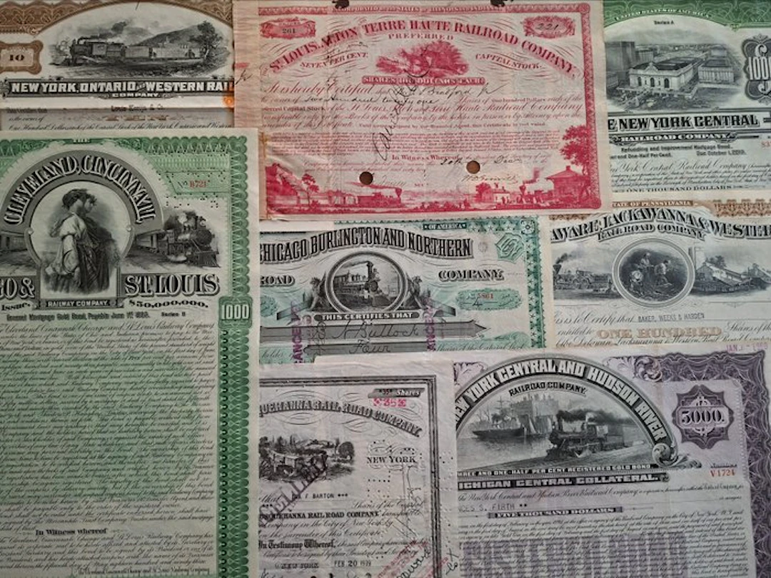 Document - 25 Historic American Railroad shares and bonds - 1862-1977 - 1862