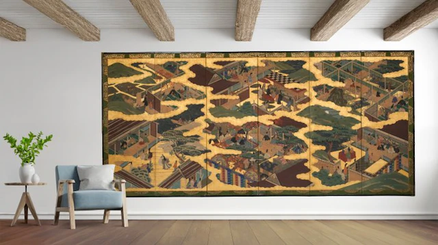 Folding screen with scenes from The Tale of Genji - Gold leaf