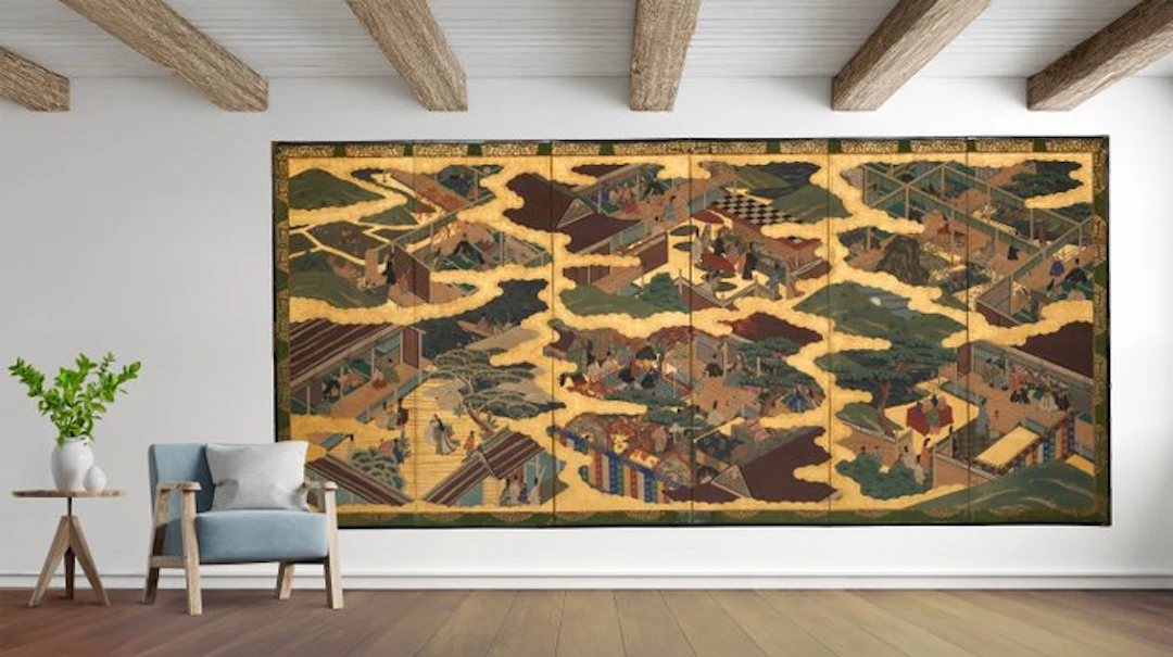 Folding screen with scenes from The Tale of Genji - Gold leaf