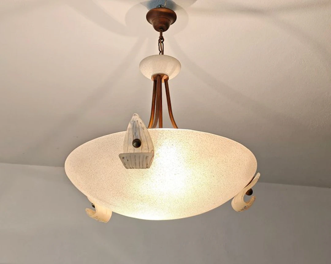 Chandelier - Brass, Glass, Metal - Italian pendant lamp with a glass diffuser