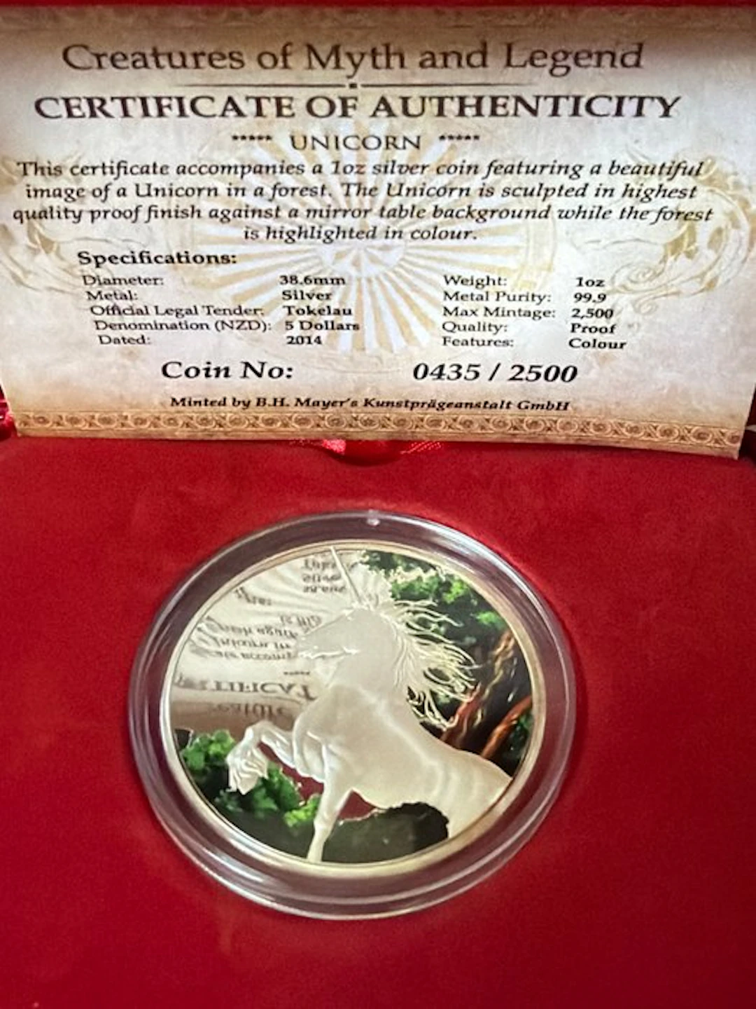 Tokelau. 5 Dollars 2014, Unicorn colorized - 1 oz (.999) mit CoA und BOX