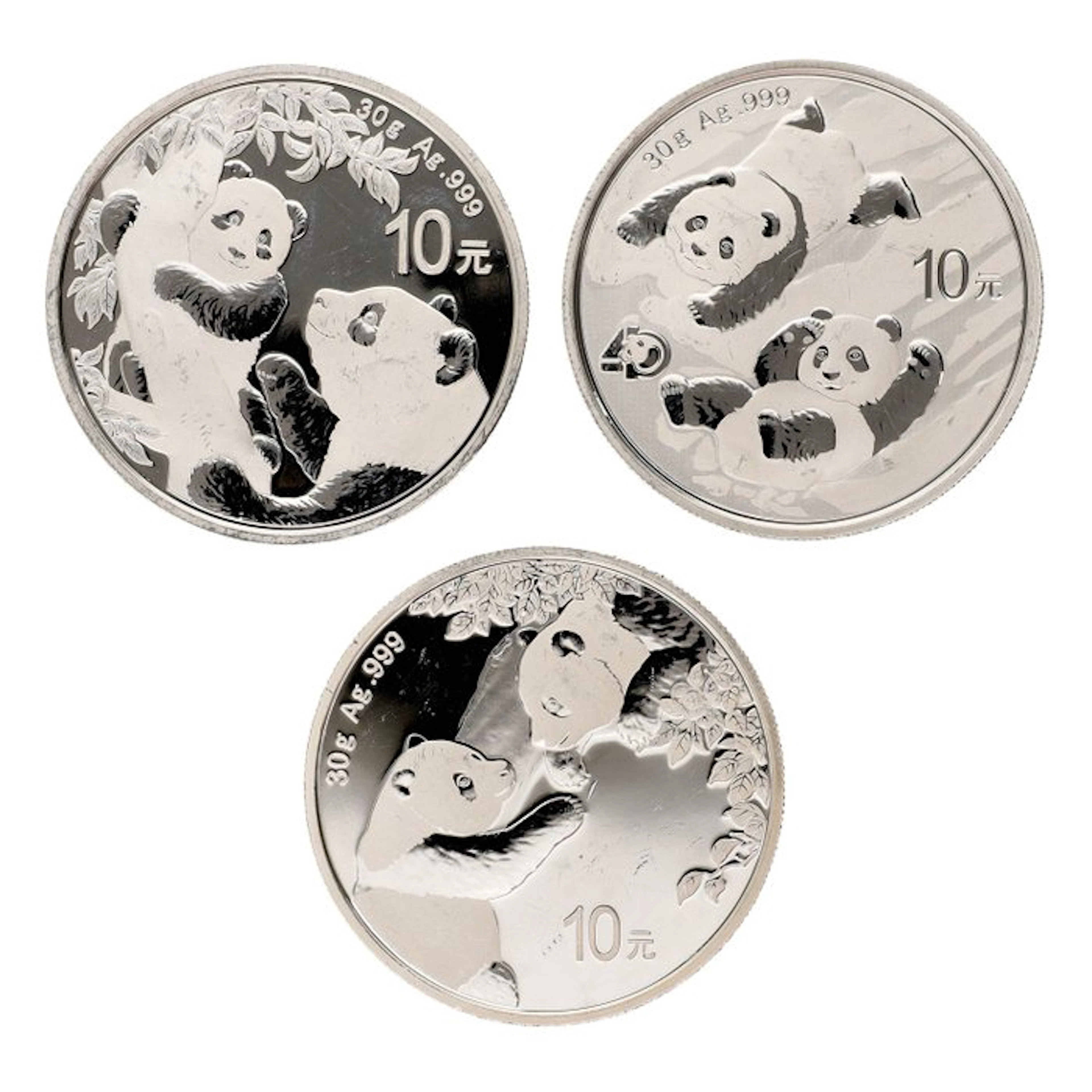China. 10 Yuan 2021/2023 - "Panda" (3 stuks) (No reserve price)