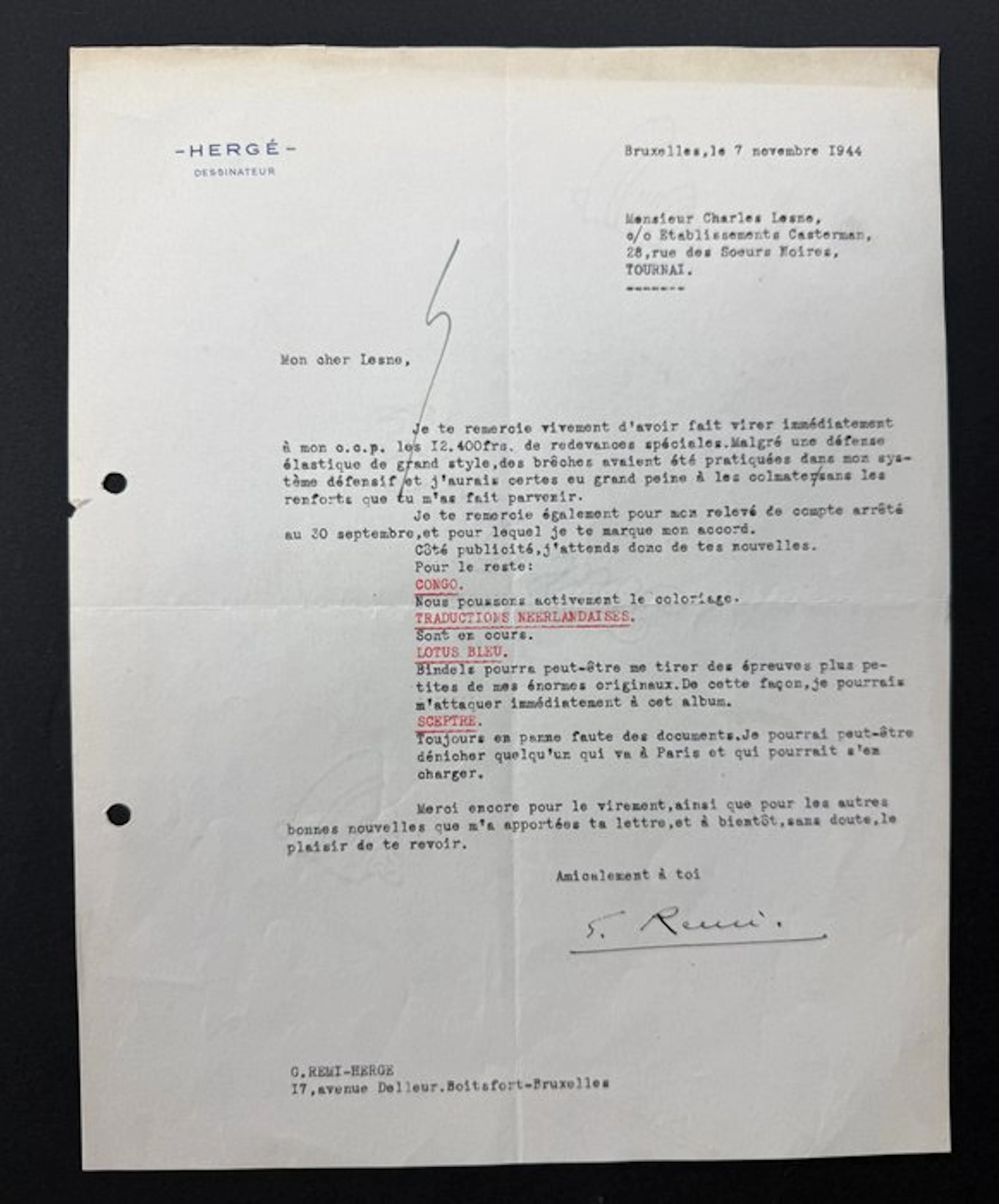 Hergé - 1 Letter from the era - Tintin - Lettre unique d'Hergé - 1944