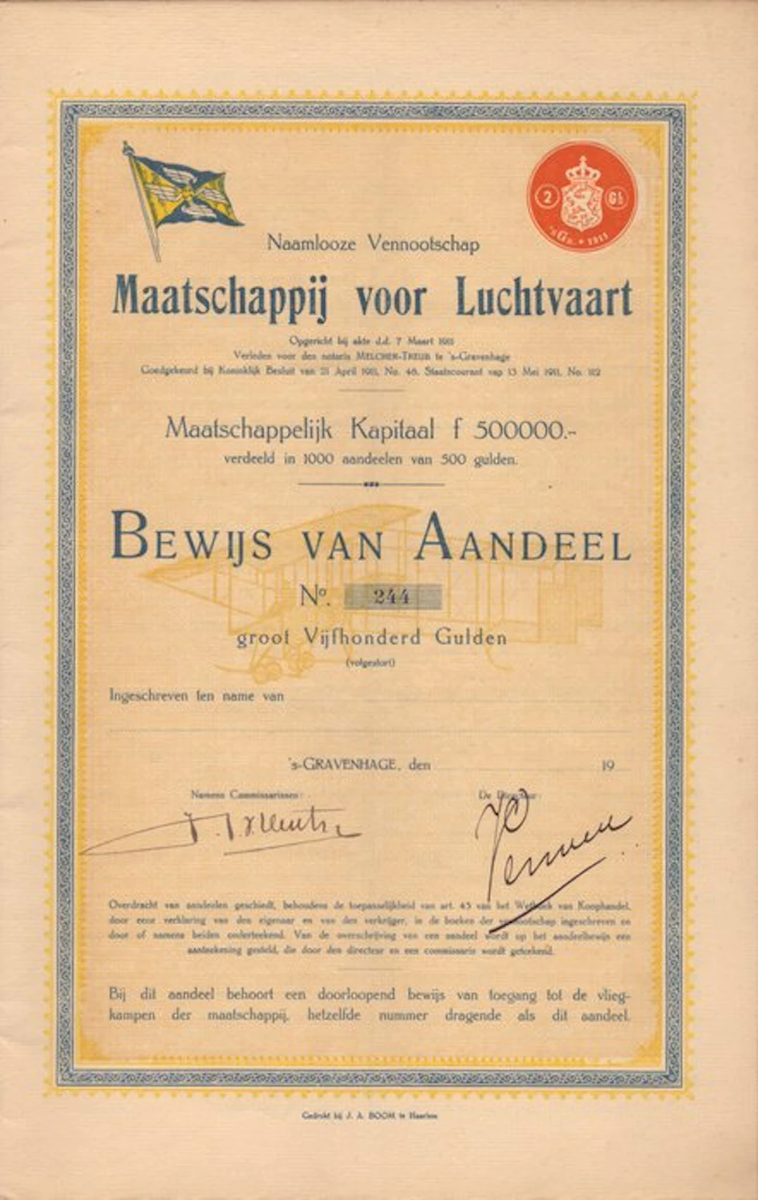 Netherlands. Maatschappij voor Luchtvaart 1911 (No reserve price)