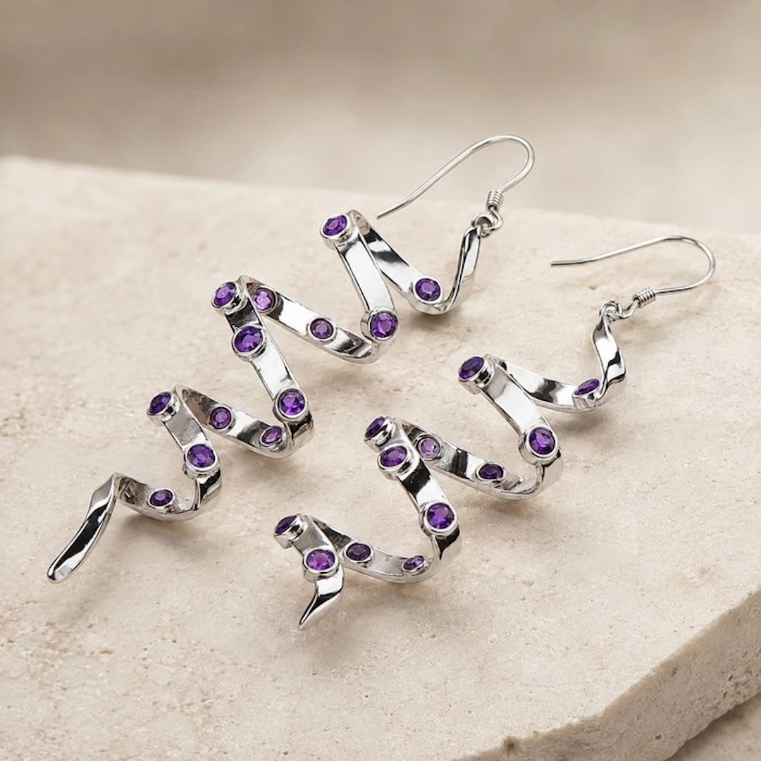 No reserve price - Earrings Silver - Amethyst - Certified