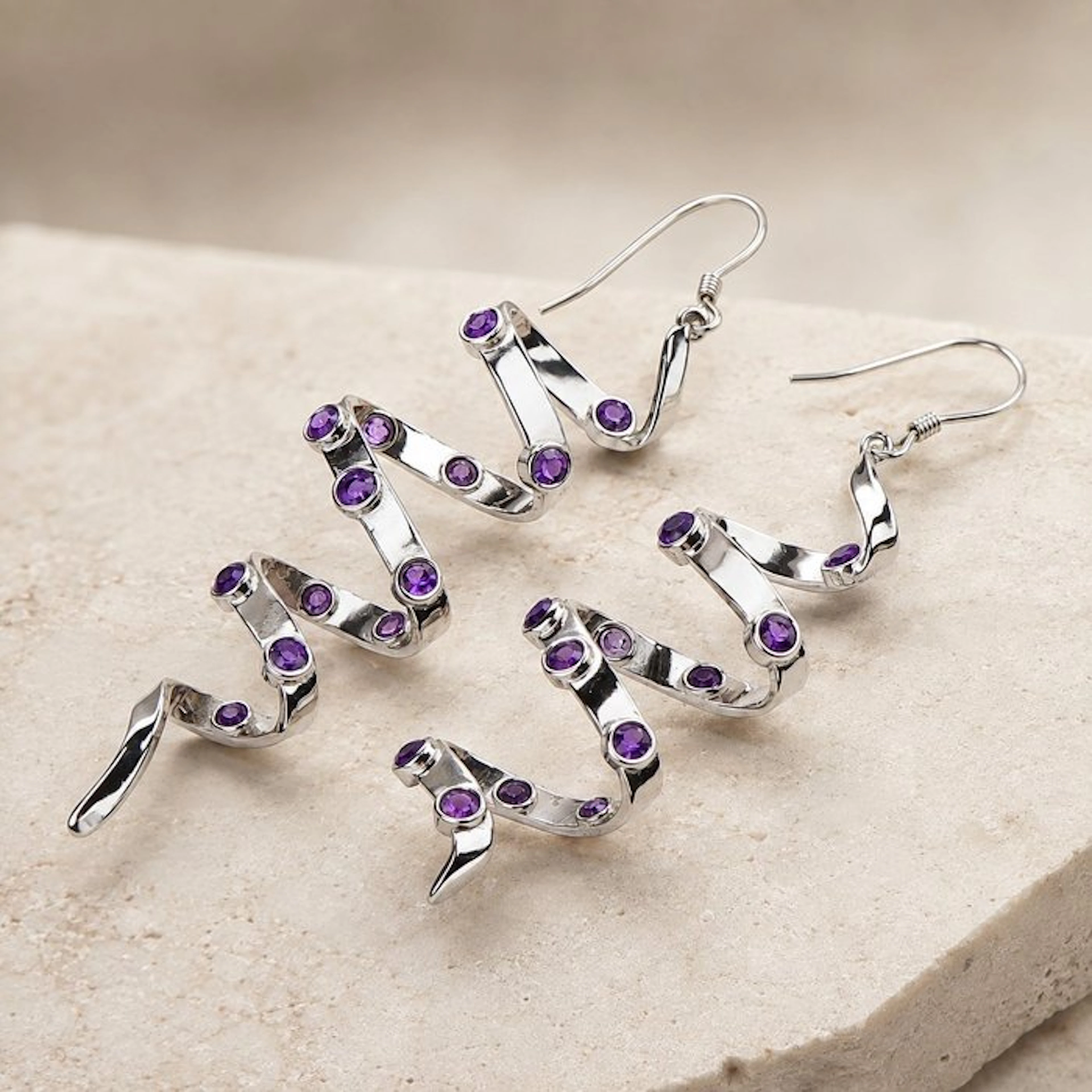 No reserve price - Earrings Silver - Amethyst - Certified
