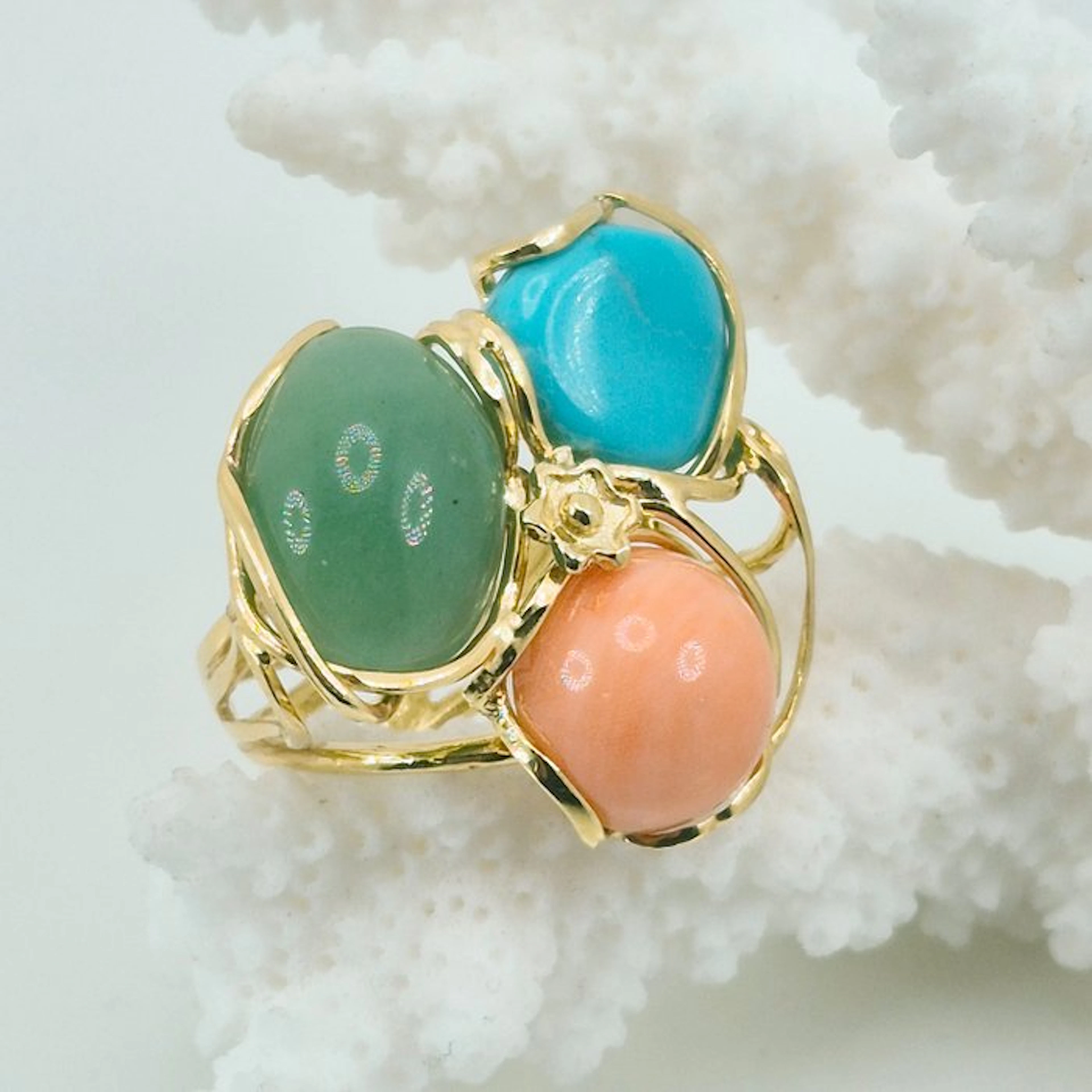 Coral - Silver, Gold-plated - Ring - Coral, Pearl and Jade