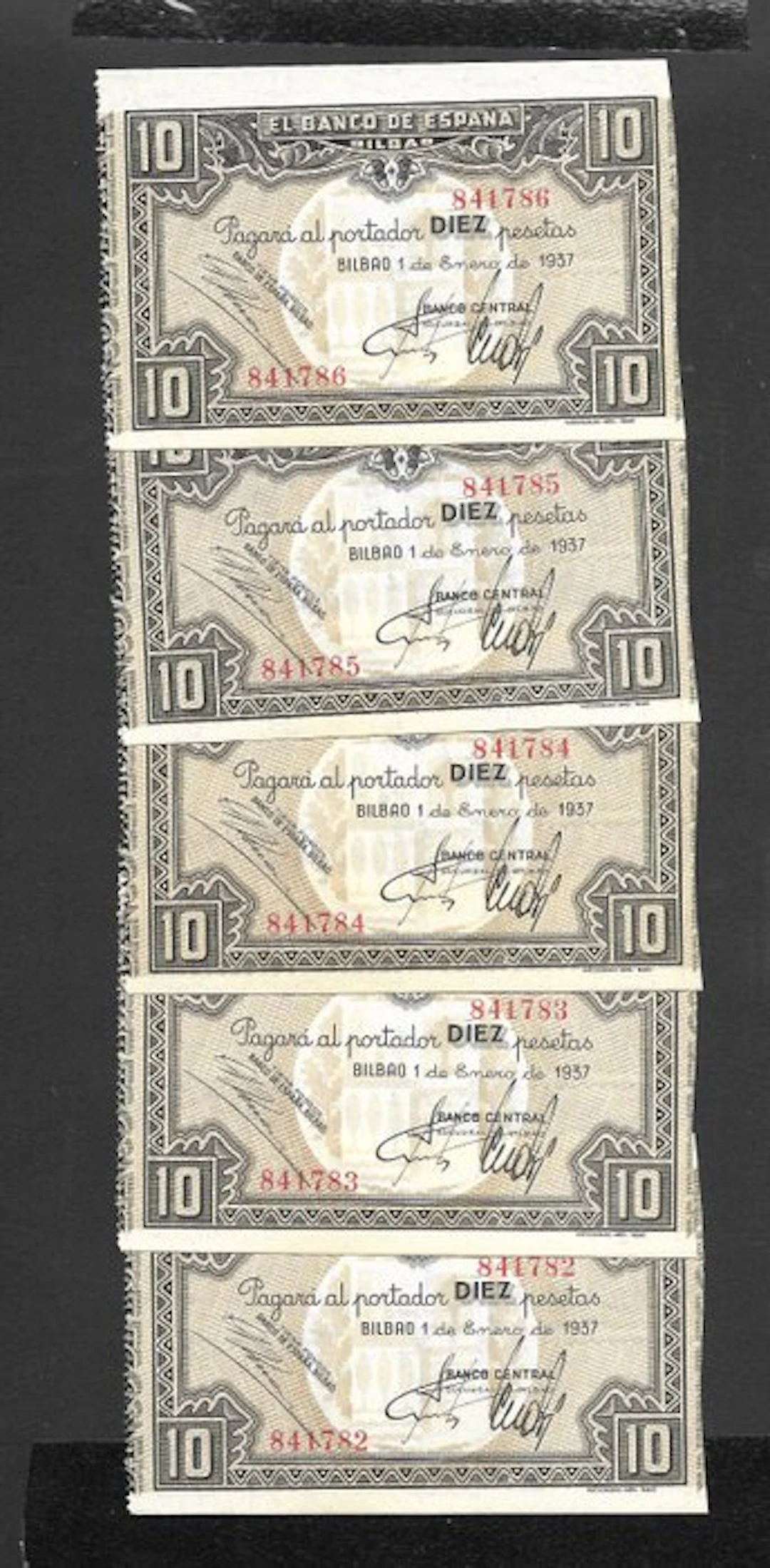 Spain. - 5 x 10 Pesetas - 1937- Consecutive (No reserve price)