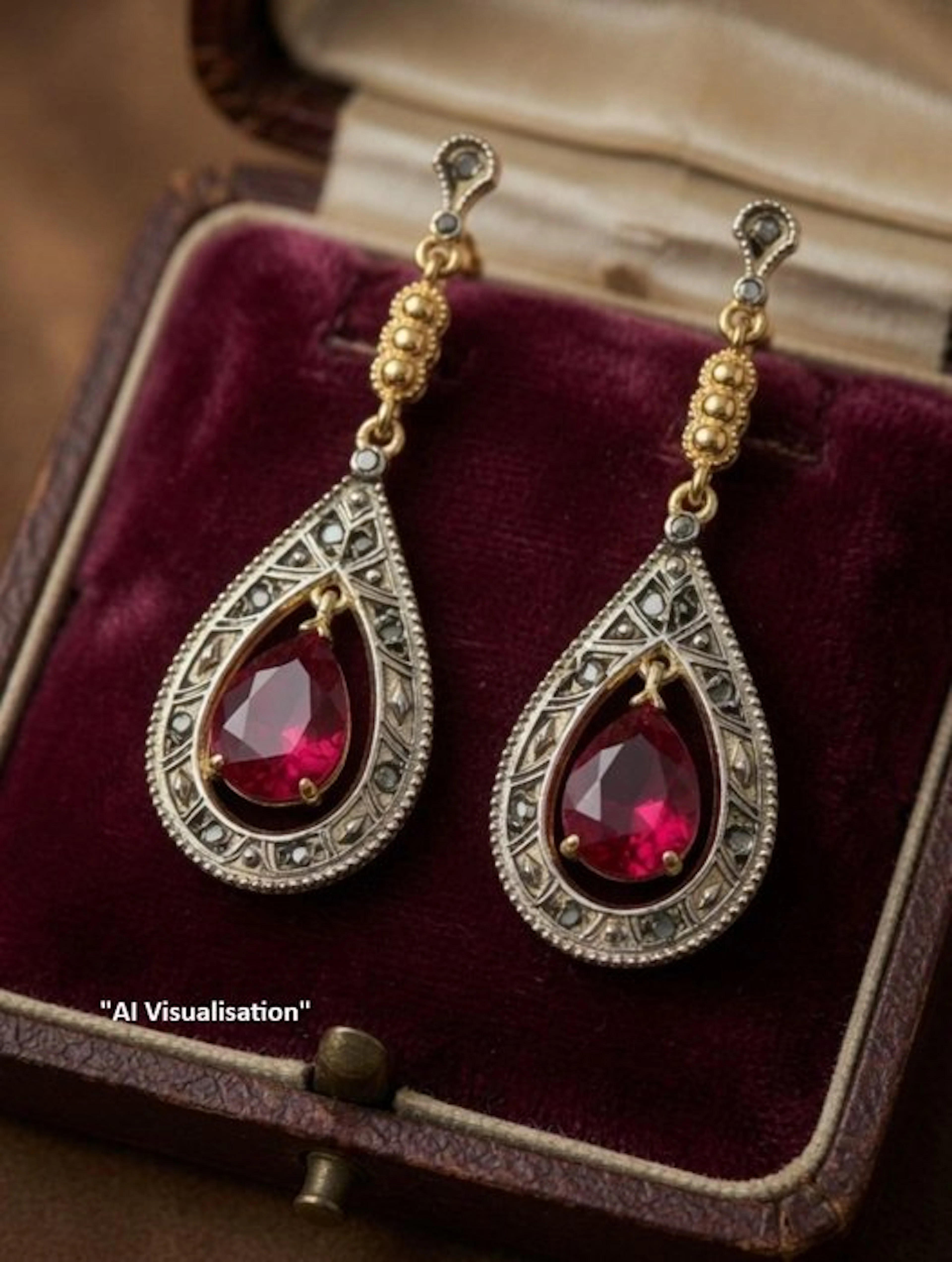 No reserve price - Earrings - 9 kt. Silver, Yellow gold Ruby - Diamond